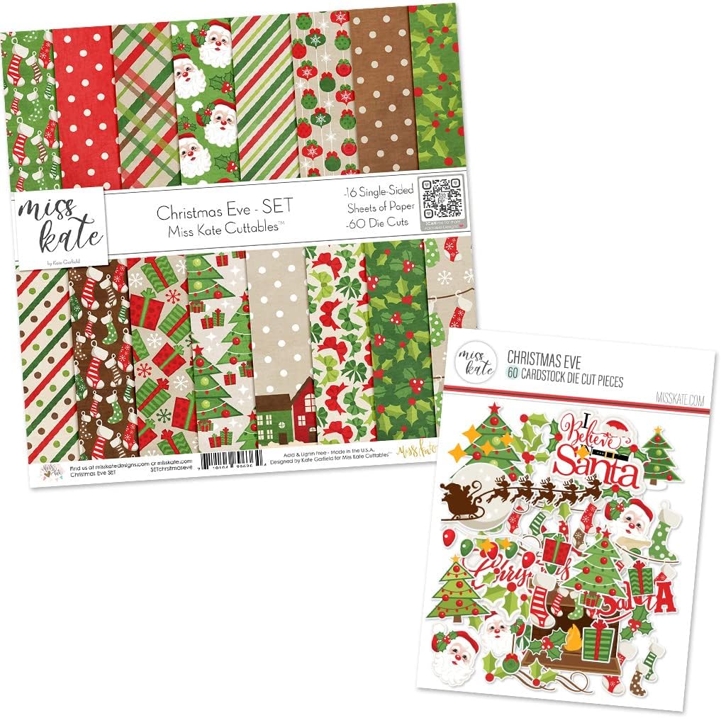 Die Cuts & Paper Set - Christmas Eve - By Miss Kate Cuttables - 16 Sheets of 12"x12" Specialty Paper & OVER 60 Coordinating Die Cuts - Exclusive Original Matching SET