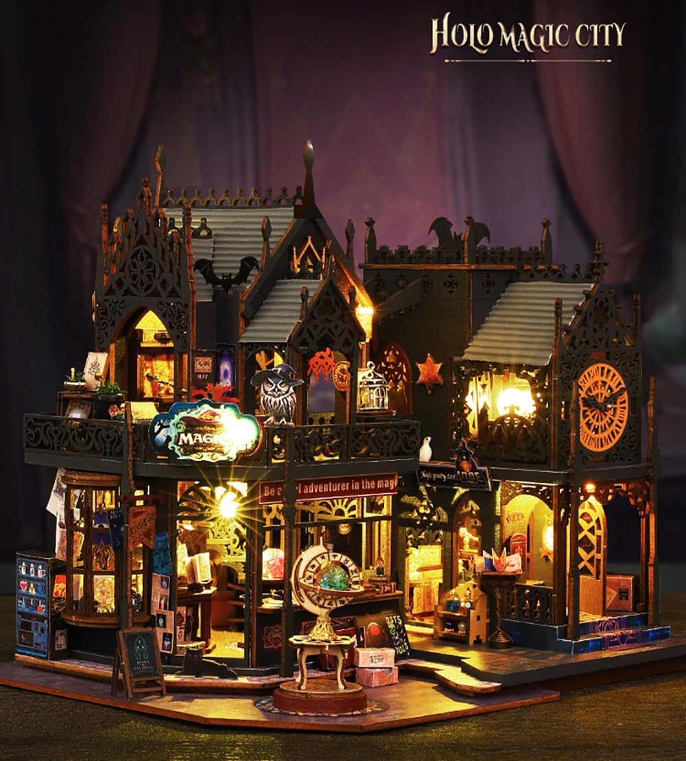DIY Miniature Dollhouse Kit Magic Castle,Tiny House to Build Live in,Mini Handmade Unzip 3D Wooden Puzzle Furnishing Decor Model with Dust Cover and Music(ES012-Holo Magic City)