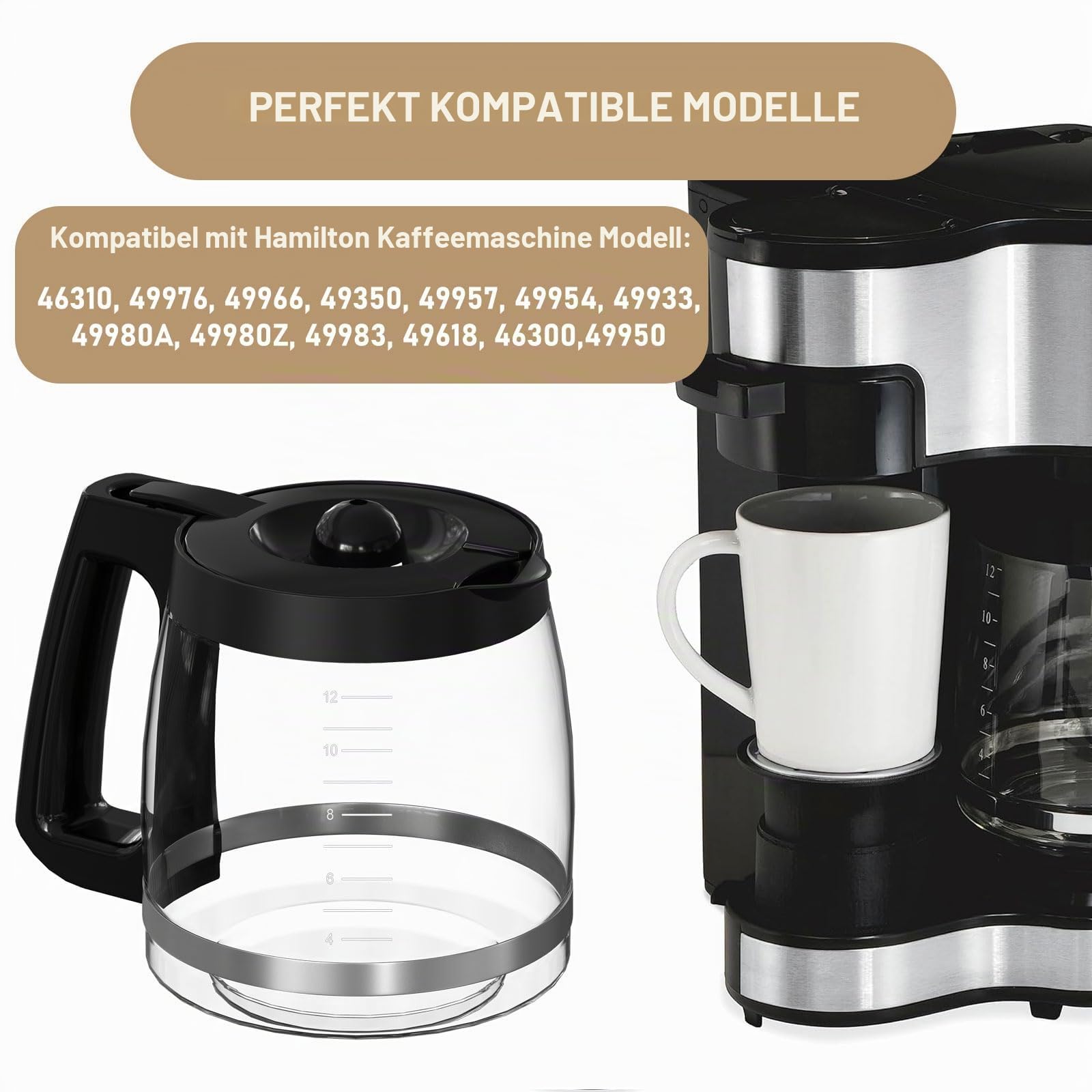 12-Tassen-Ersatz-Glaskanne für Kaffeemaschine Hamilton Beach 46310, 49980R, 49976, 49350, 49980A, 49980Z, 49983, 49618, 46300, 49966, 1 Packung