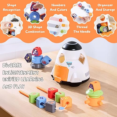 Miniatura 3 de Obsiusfb Montessori - Juguete de nave espacial para niños pequeños, habilidades motoras finas, clasificación, apilamiento y bloques de construcción,