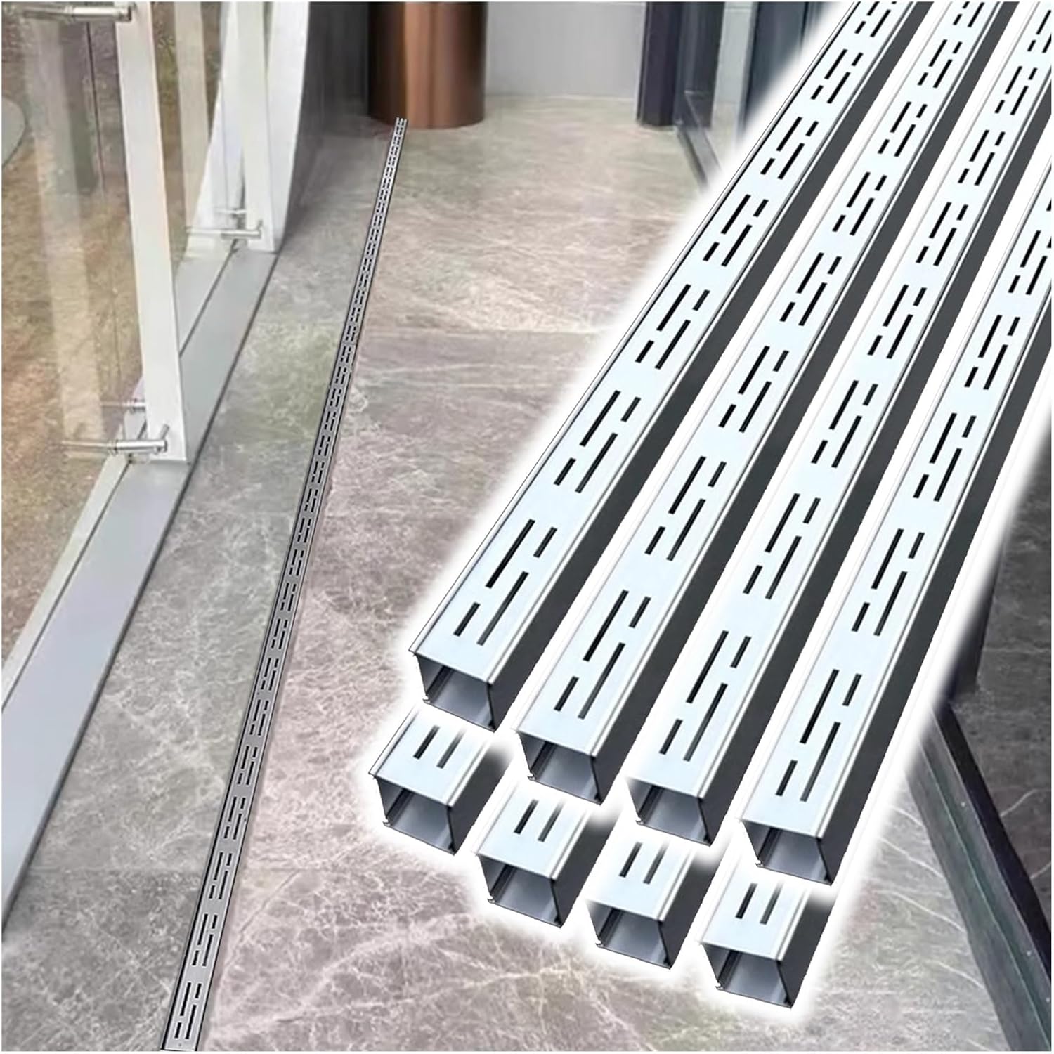 Slim Line Stainless Steel Drainage Trench - 3.3ft Linear Gutter System for Pools, Balconies, and Patios - 8 Pack Drop-in Drain Installation Kit (39.4"x1.4"x1.2")