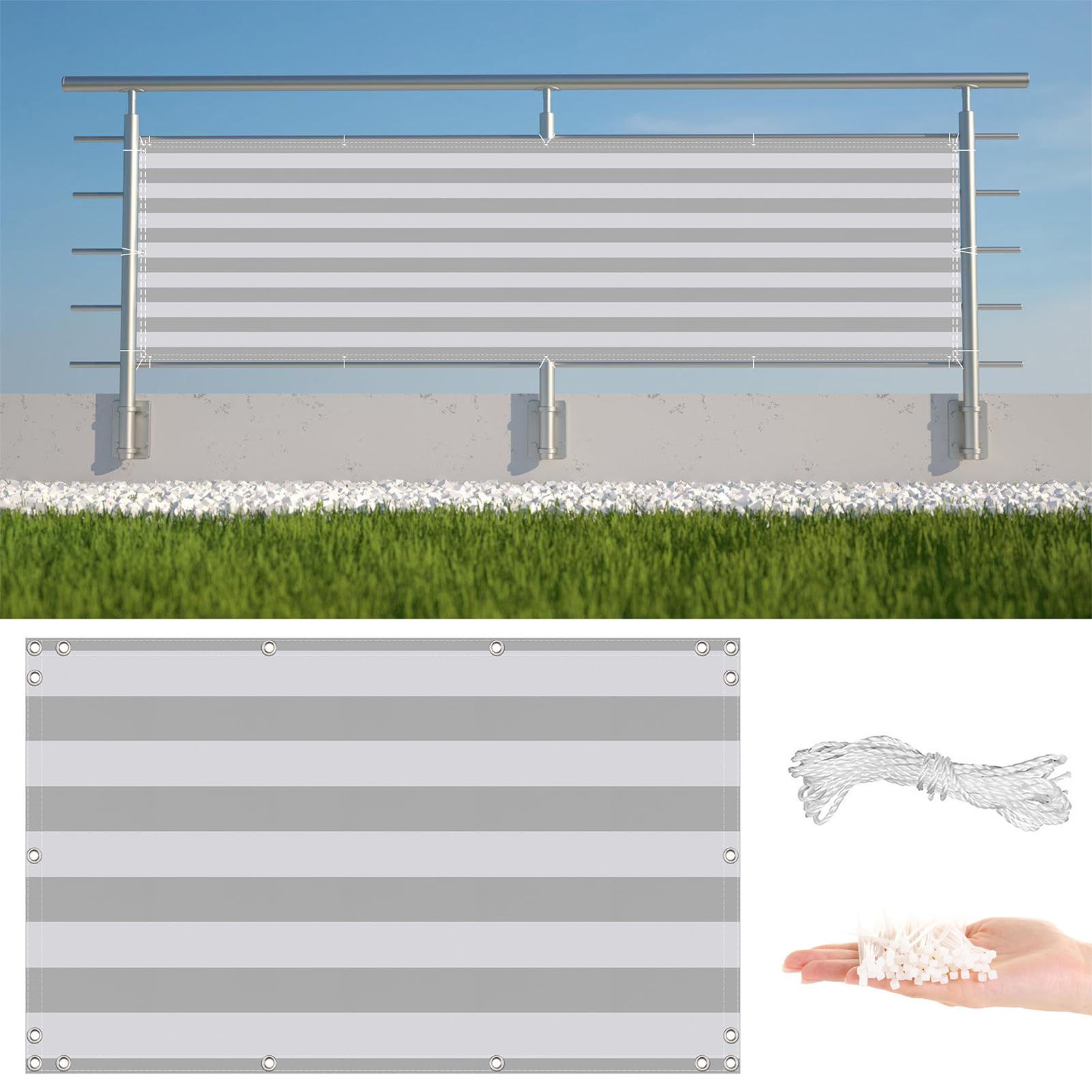 GLDYTVF Balcony 2m x 4m Waterproof Windproof and UV Resistant Privacy Fence Screen with Cable Ties and Rope Shade Netting for Verandah Porch Light Grey Stripe Outdoor for Balcony or Patio