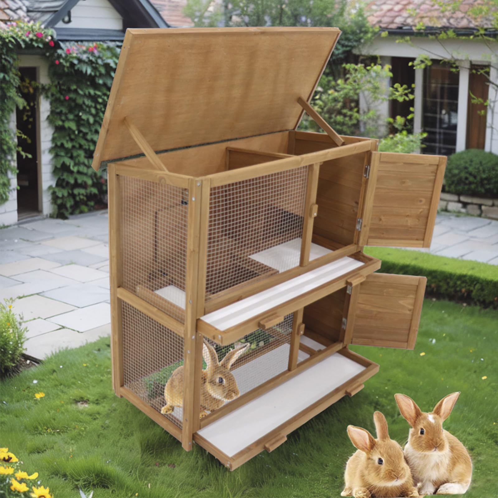 Conejera de 2 pisos, 91,5 x 91,8 x 40,3 cm, madera con rejilla