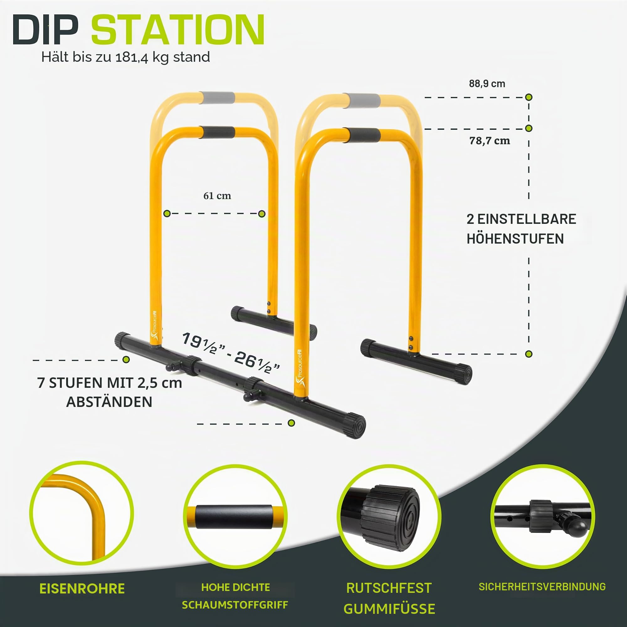 ProsourceFit Dip Stand Station, Ultimate Heavy Duty Body Bar Press with Safety Connector for Tricep Dips, Pull-Ups, Push-Ups, L-Sits