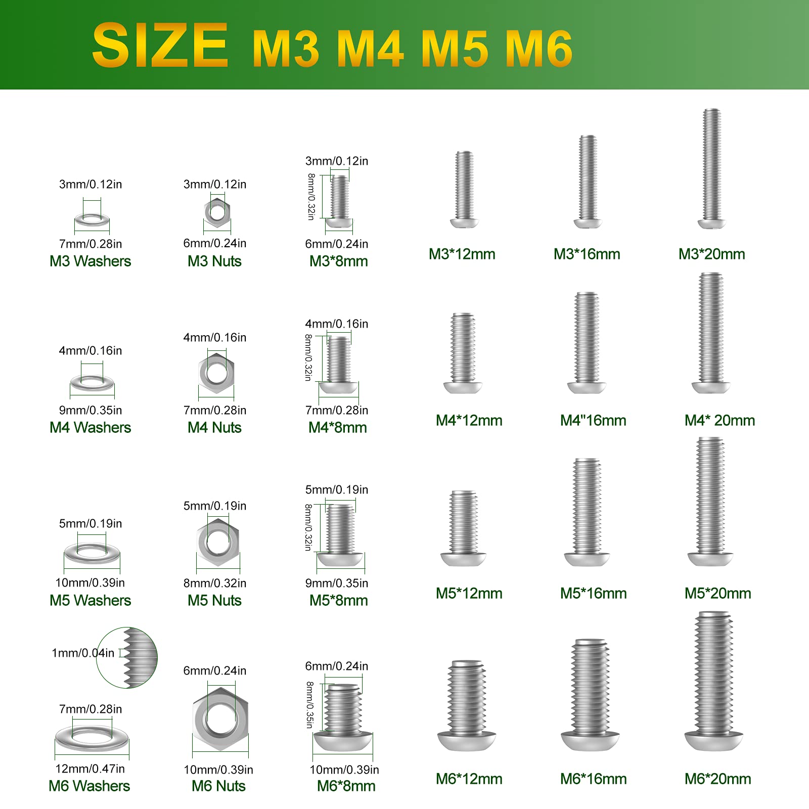 Set di viti 540 pezzi M3 M4 M5 M6 Assortimento di viti in acciaio inossidabile (viti a testa tonda Set di viti 540 pezzi M3 M4 M5 M6 Assortimento di viti in acciaio inossidabile (viti a testa tonda