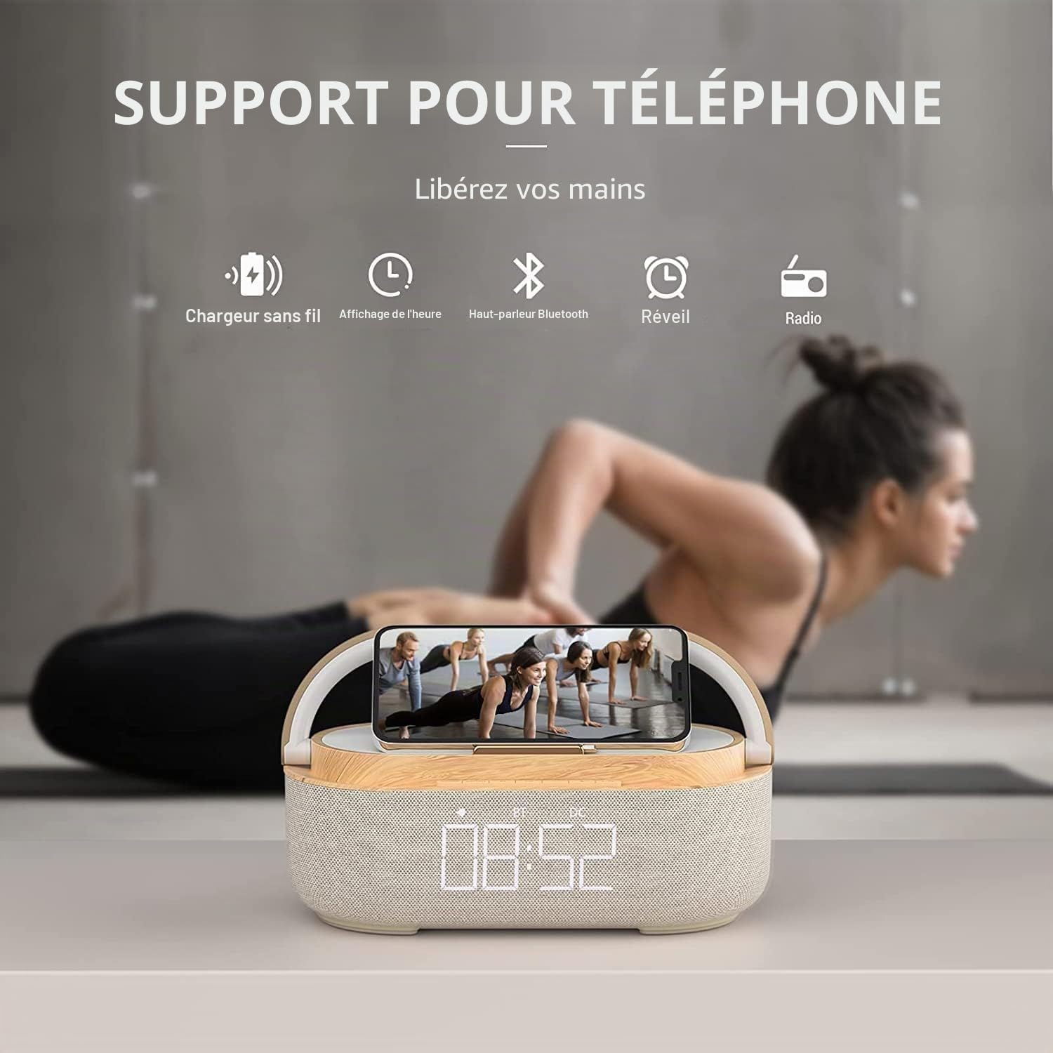 COLSUR Réveil Matin Digital Radio FM avec Chargement sans Fil, Multifonctionnel avec Port de Chargement USB, Enceinte Bluetooth, Affichage LED, Lampe avec Support de Téléphone Portable Image du produit 4