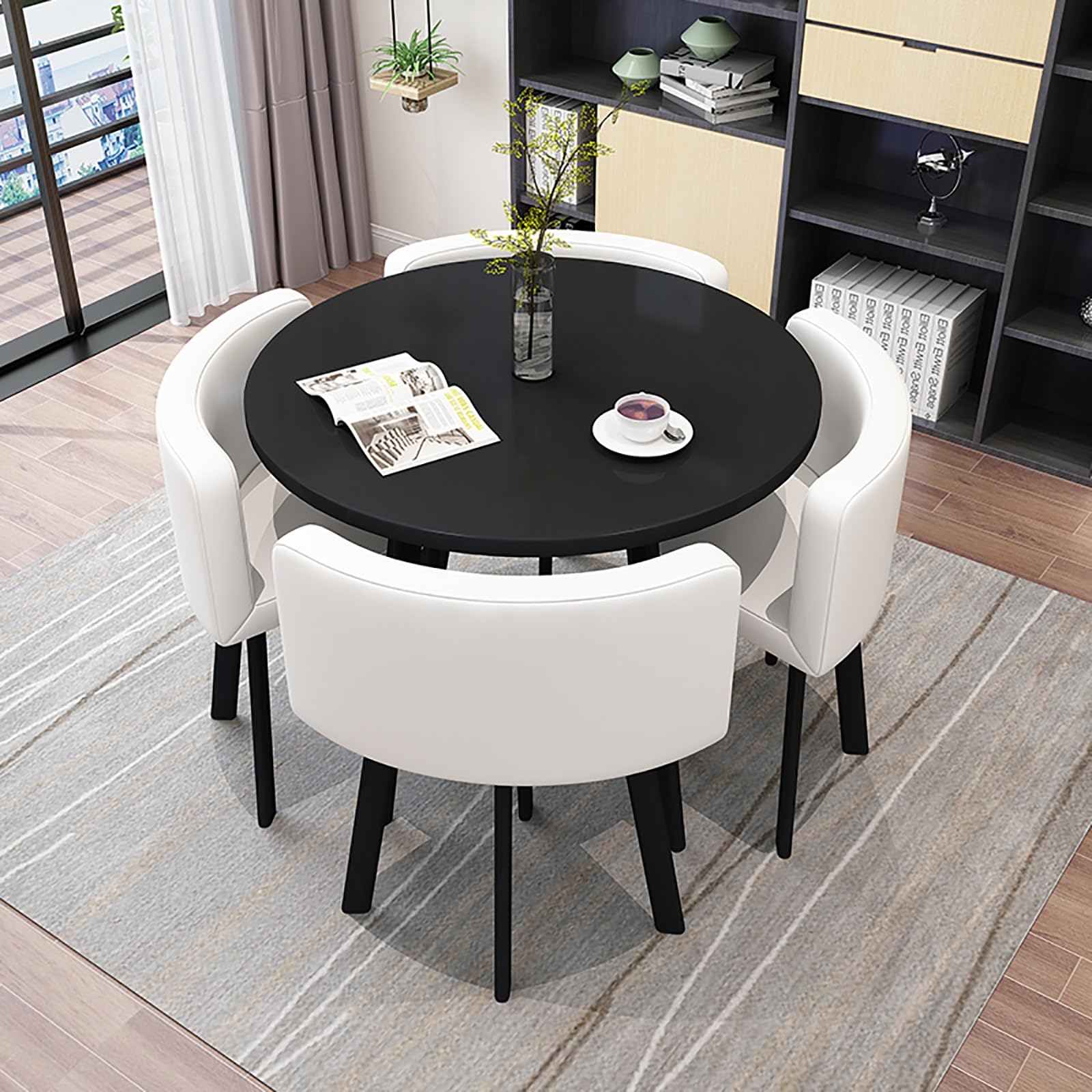 Round Dining Table Set for 4 with Marble Top and Chairs Office Reception Desk and Chair Set Suitable for Lounge Living Room Modern Furniture Dining Set,Cool White-Round-Leather