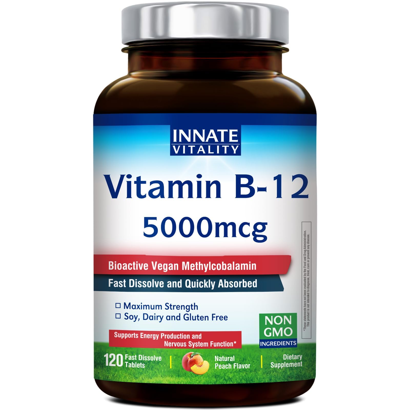 Innate Vitality Vitamin B12 5000mcg, Sublingual, Vegan Methylcobalamin, Fast Dissolve Tablets, Natural Peach Flavor, Supports Energy Production & Healthy Nervous System, 120 Tablets 120 Count (Pack of 1)