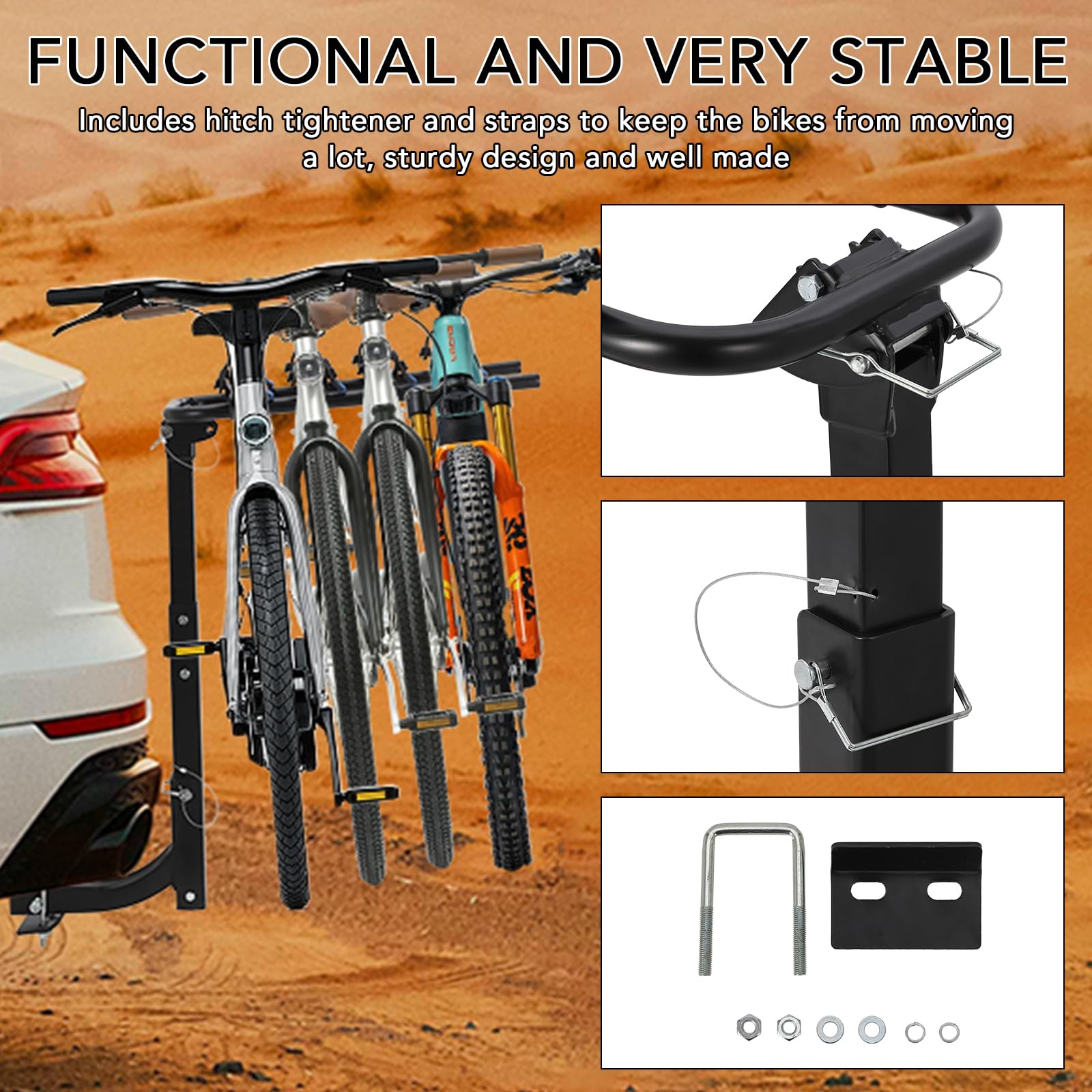 Portabicicletas trasero para coche, portabicicletas para 4 bicicletas con estabilizador y correa, así como 2 juegos de sillín, portabicicletas para enganche de remolque adecuado para