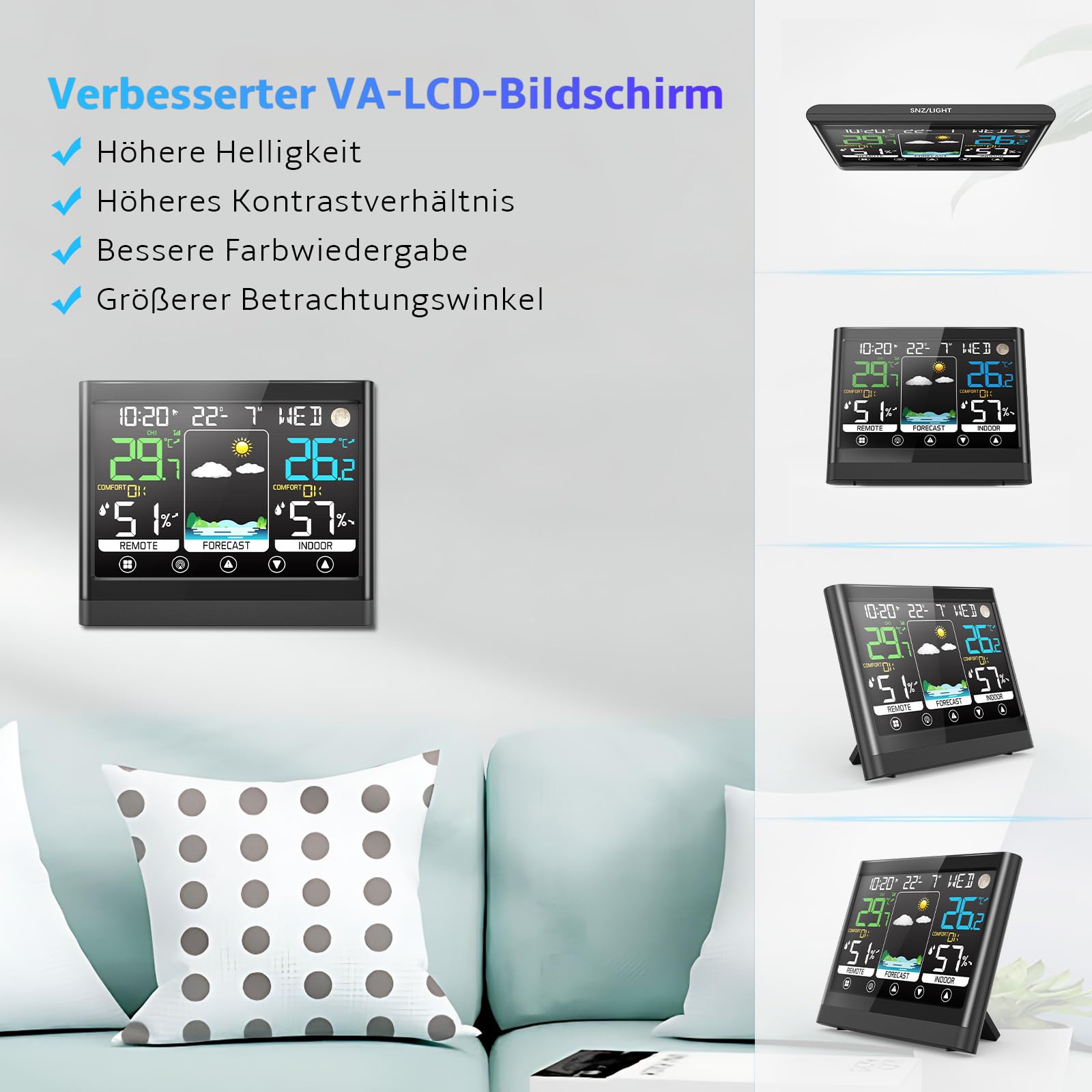jely Wetterstation Funk mit Außensensor, Thermometer Hygrometer Innen/Außen, VA Farbdisplay Wetterstationen Innen und Außentemperatur Funk mit Wettervorhersage,Luftfeuchtigkeit,Mondphase,Uhrzeit&Datum