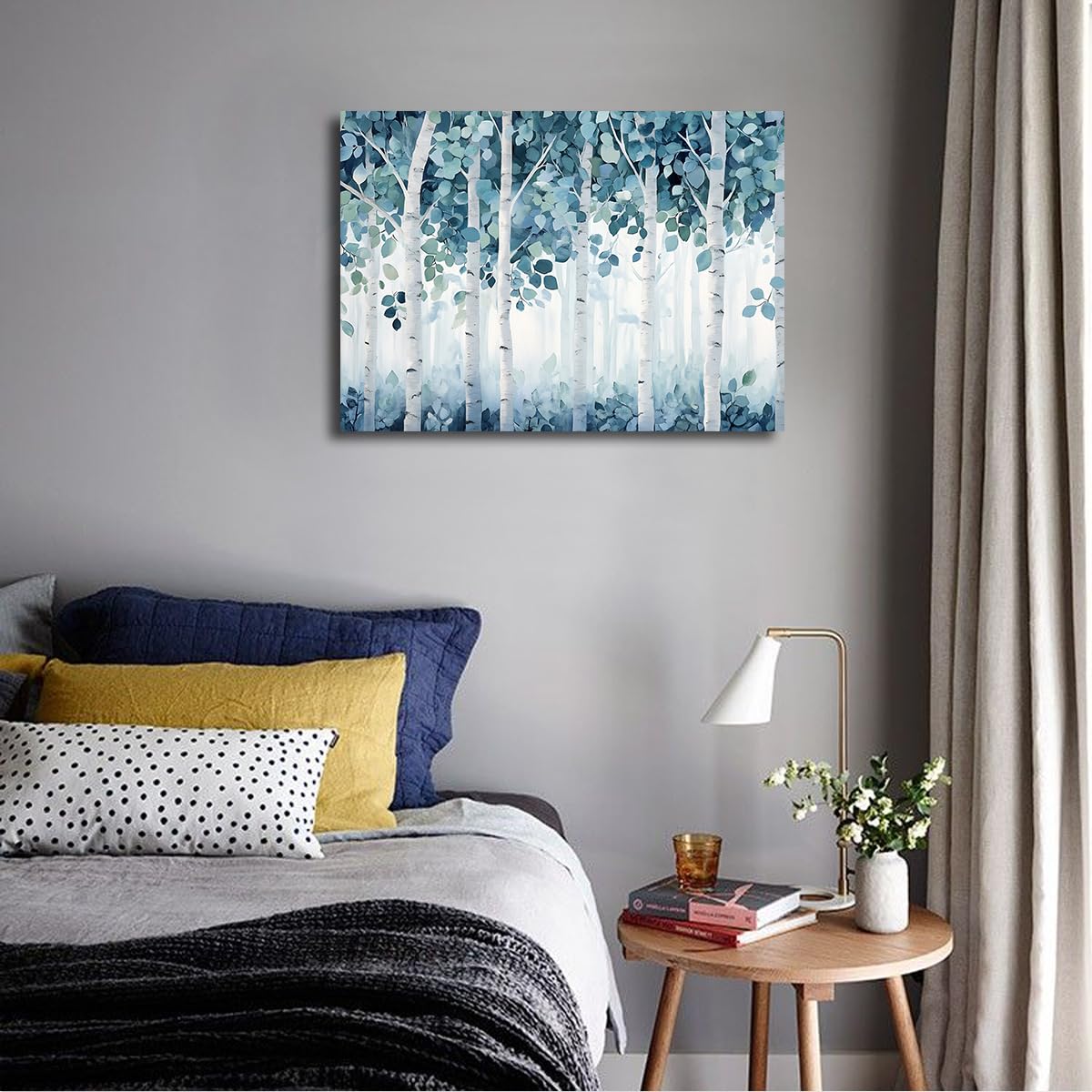 CHERHERART Dekoracje ścienne Zimowe drzewa wydruki na płótnie Cichy minimalistyczny obraz ścienny do biura niebieski biały brzozowy las plakat 80 x 130 cm ramka wewnętrzna