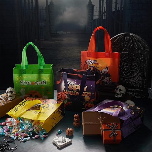 Miniatura 4 de Sweetude 50 bolsas de Halloween con asas, bolsas no tejidas para envolver regalos, suministros de fiesta, 7.9 x 7.9 x 3.15 pulgadas (espeluznantes)
