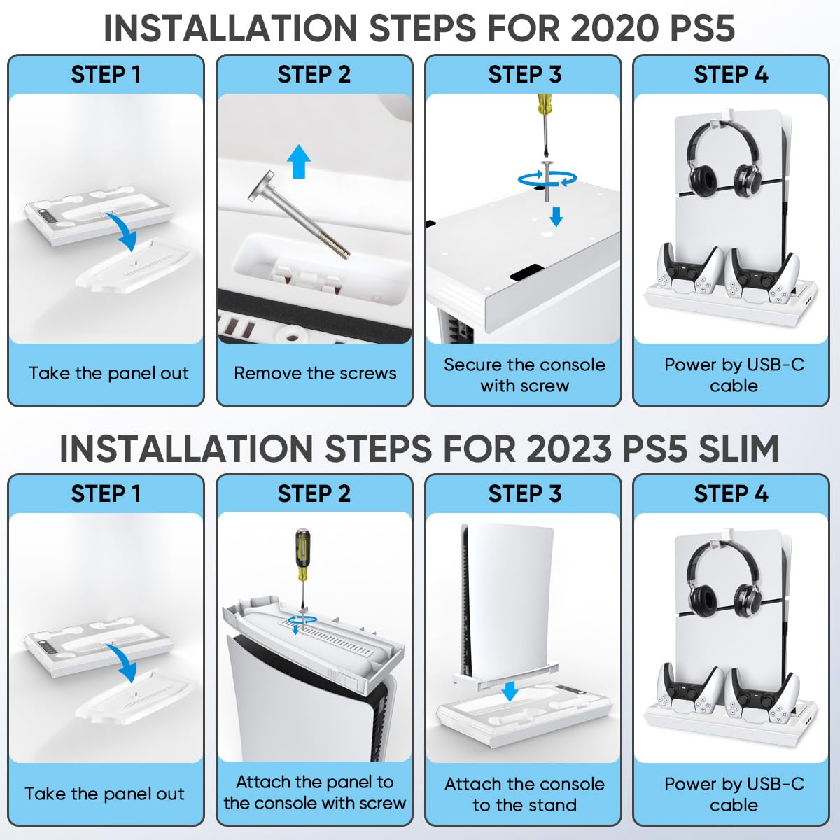 iPLYGAM Soporte delgado para PS5 y estación de refrigeración turbo con estación de carga de controlador para Playsation 5, kits de accesorios para PS5 con ventilador de refrigeración de 3 niveles,