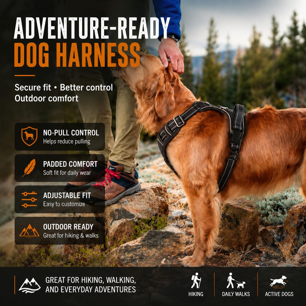 Arnés Reflectante cómodo para Perros pequeños a Grandes, sin tirones, con asa Delantera y Trasera, asa de fácil Control, Ajustable, Suave, Acolchado, para Perros pequeños a Grandes (L, Negro)