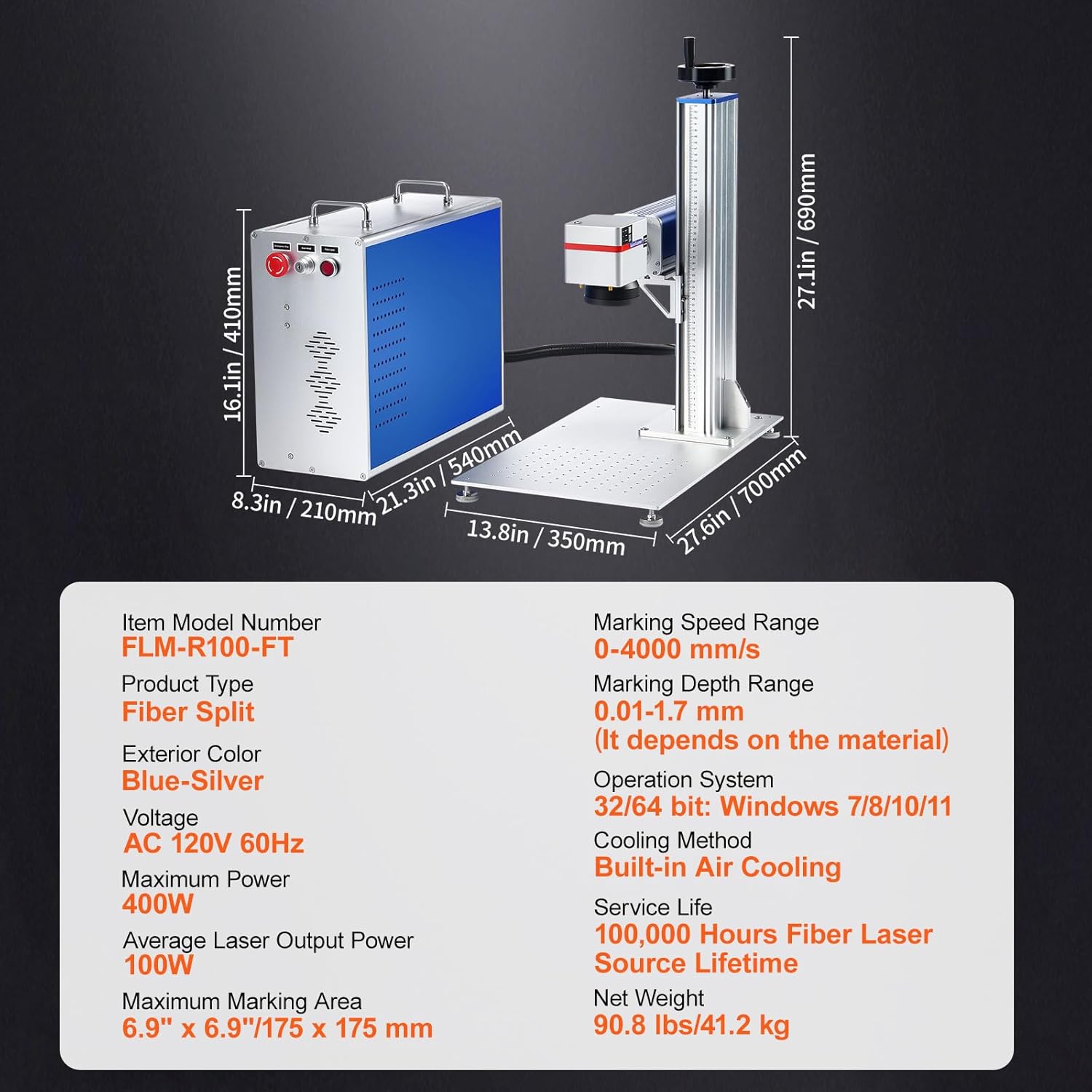 VEVOR Fiber Laser Marking Machine dimensions and specifications