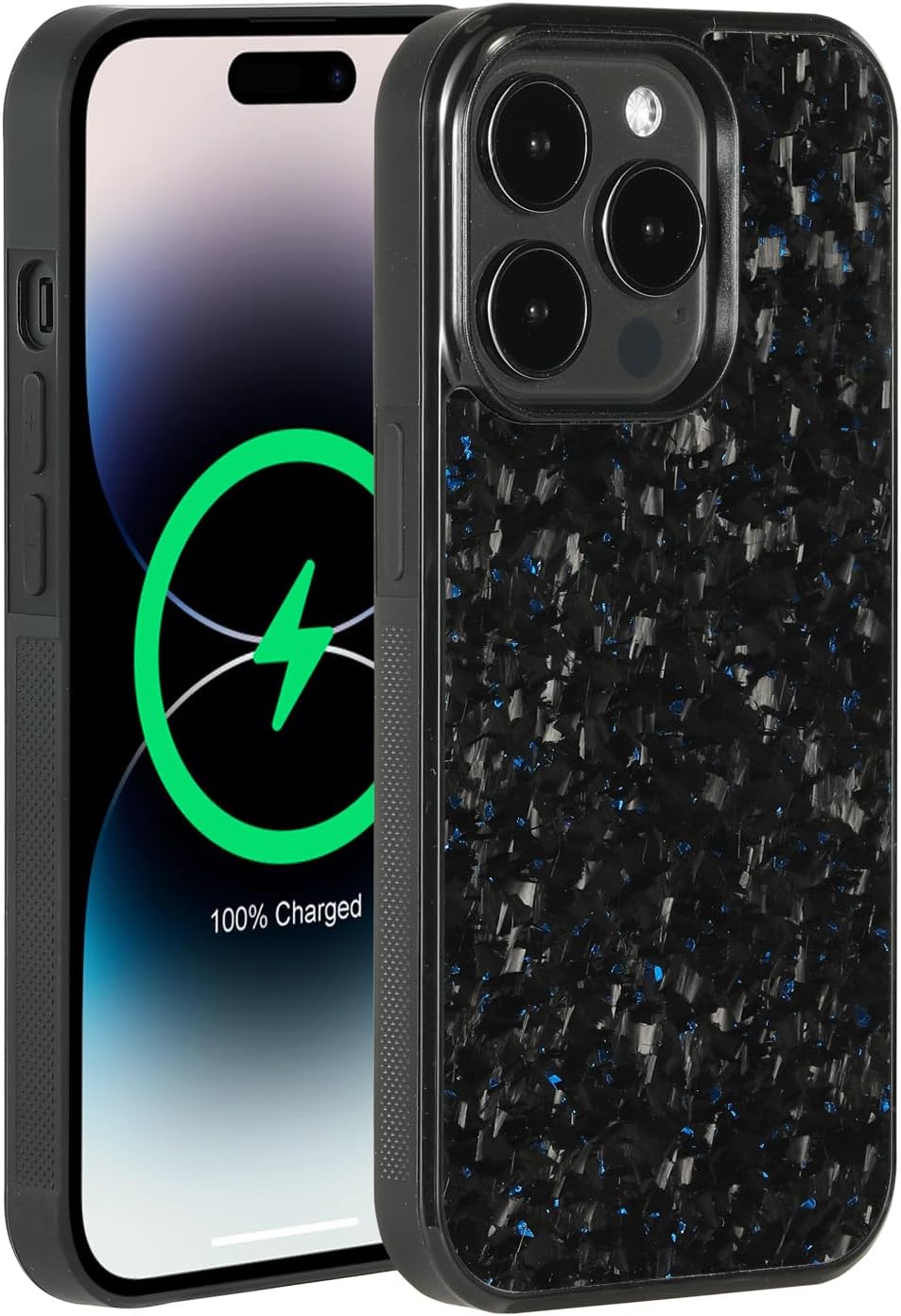 molzar Grip Series for iPhone 14 Plus Case with Real Forged Carbon Fiber, Grippy Edges Design, Built-in Magnets, Compatible with MagSafe Chargers and Accessories, Glossy Black/Blue