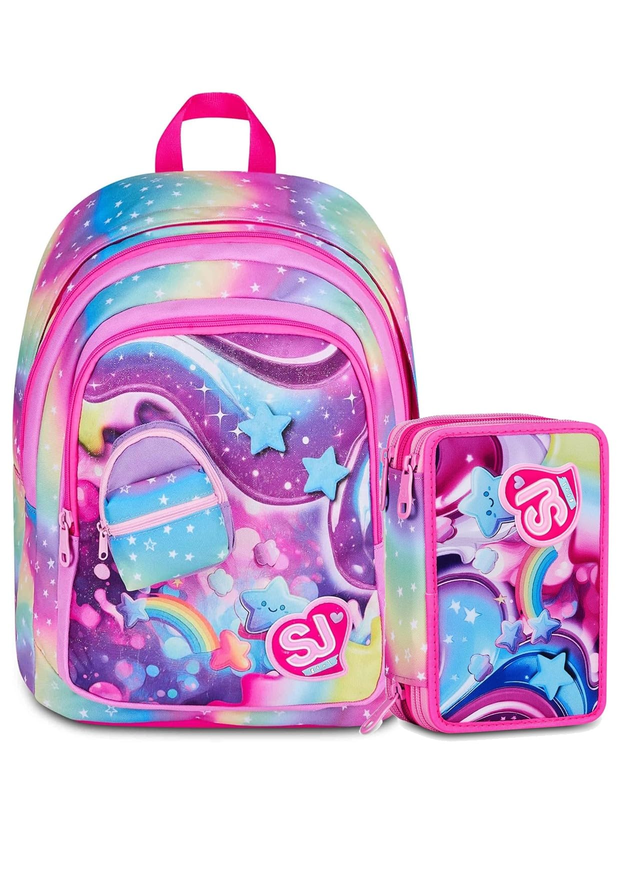 SJ GANG STYLE JAM GANG Zaino Scuola Advanced SOFT POUCH GIRL, Doppio Scomparto, Applicazione zainetto 3D su tasca frontale, Tasca laterale portaborraccia. CON ASTUCCIO 3 ZIP COMPLETO DI COLORI