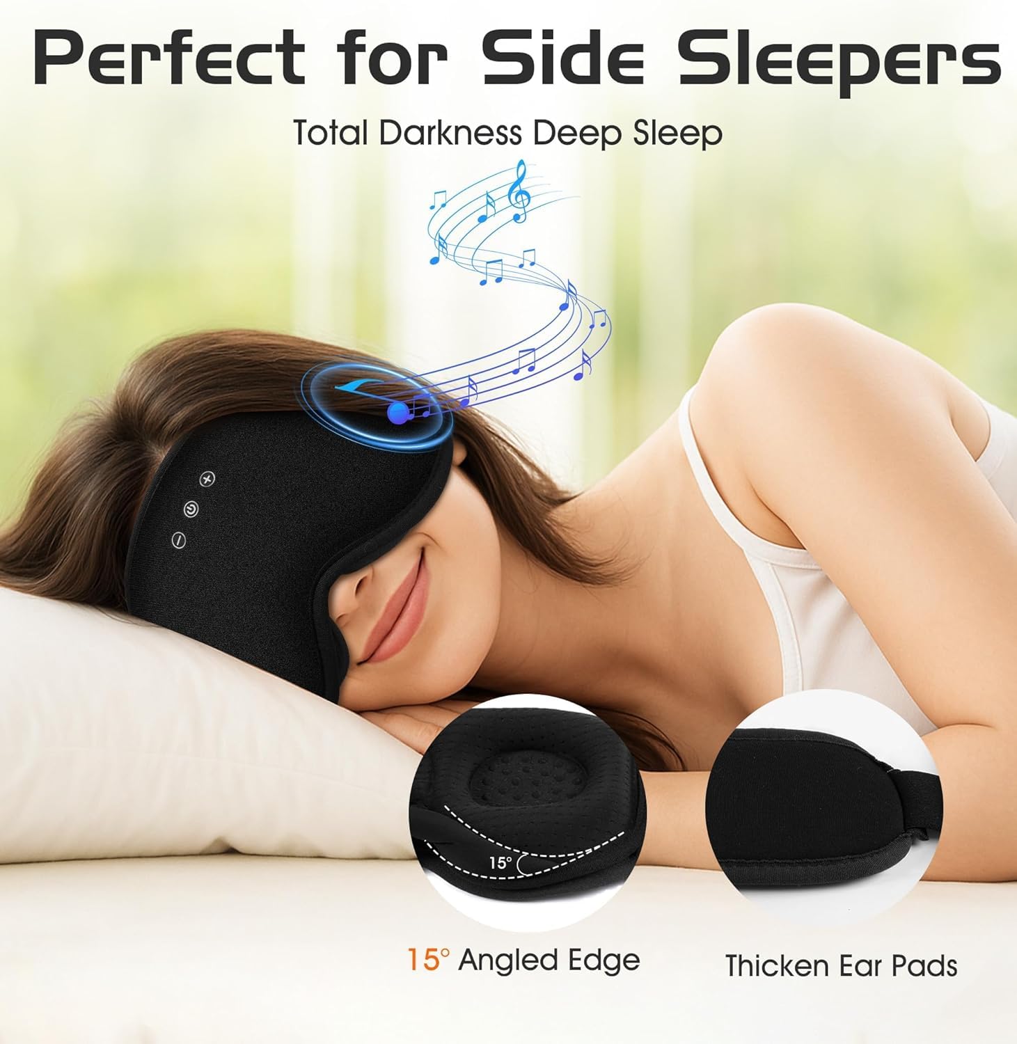 Mascherina per dormire Bluetooth con coppe 3D rimovibili, cuffie wireless in cotone di bambù, mascherina oscurante per gli occhi con timer, per chi dorme sul fianco, per viaggi e meditazione