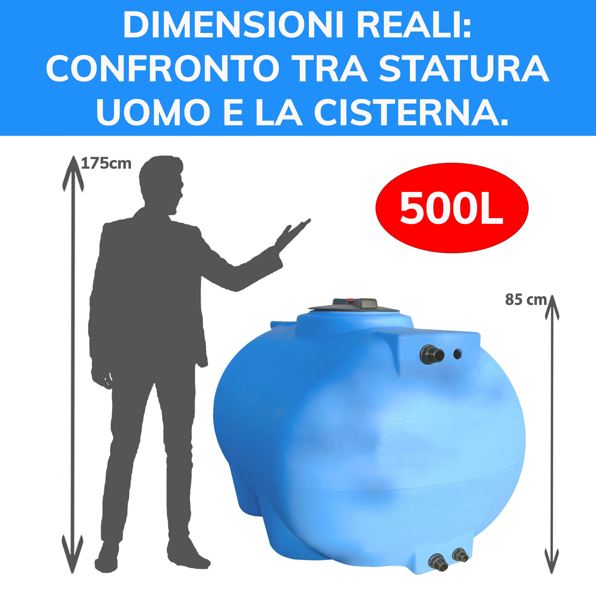ESTO Serbatoio Acqua per Acqua Potabile 300L - 500 L, Cisterna Blu in Polietilene per Uso Esterno Predisposizione Rubinetto, Resistente Made in Italy Atossico (500 Litri)
