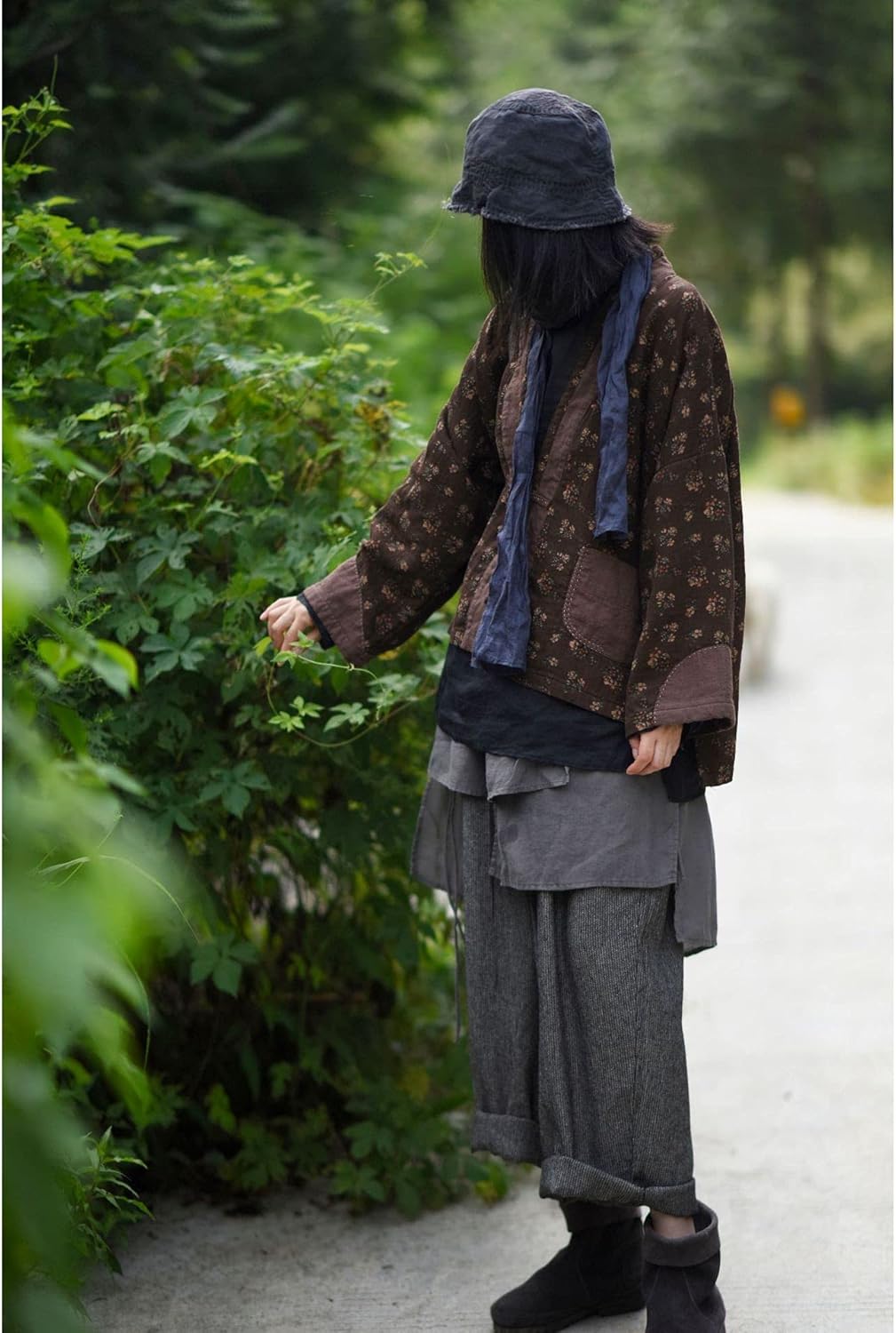 NFYM Women Wide Leg Pants Linen Irregular Patch Layered Elastc Waist Loose Vintage Patchwork Retro Cropped Trousers