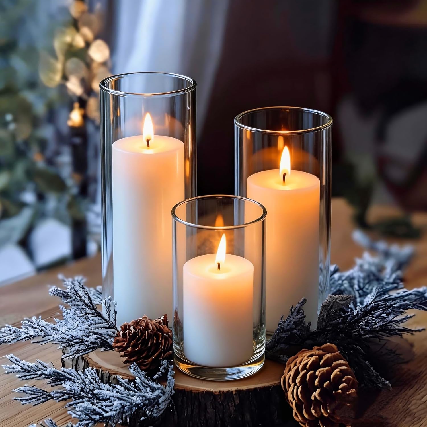 24 Pcs White Pillar Candles and Glass Candle Holders Cylinder Candle Vases for Pillar Candles Hurricane Candle Holders Set for Wedding Party, Event, Home Office Decor