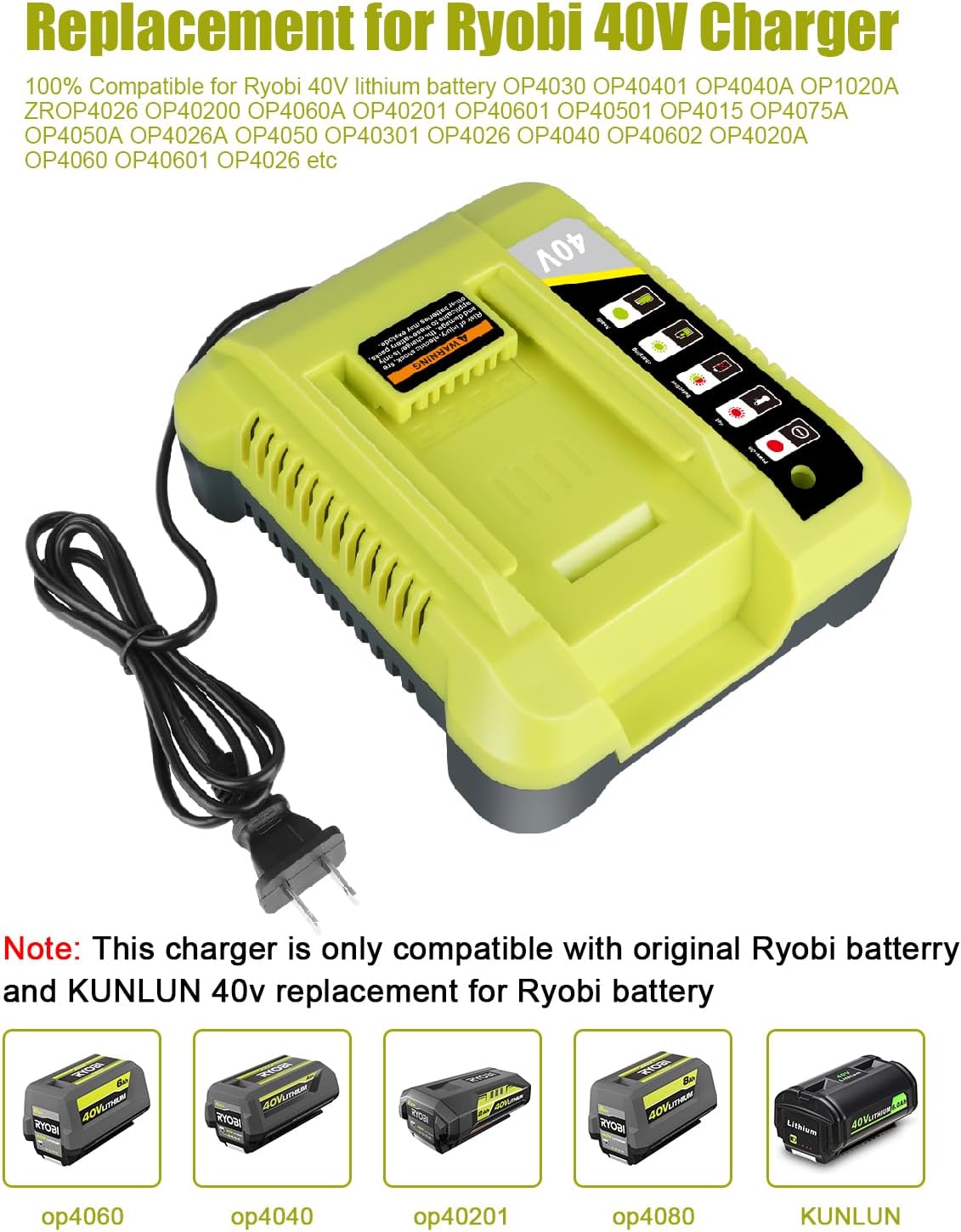 KUNLUN OP401 40-Volt Battery Lithium-Ion Charger for Ryobi 40V OP4050A OP4026 OP40601 OP4040 OP4030 OP4015 OP40201 Li-ion Battery with LED Indicator(40V Batteries Not Included) - Image 2