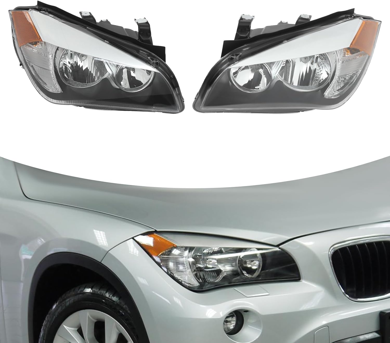 Halogen Headlight Assembly Left+Right Side for 2013-2015 BMW X1 w/Low/High Beam, Turn Signal Light, Driver/Passenger Side Direct Replacement Front Headlamps Assy(For Halogen Models Only)