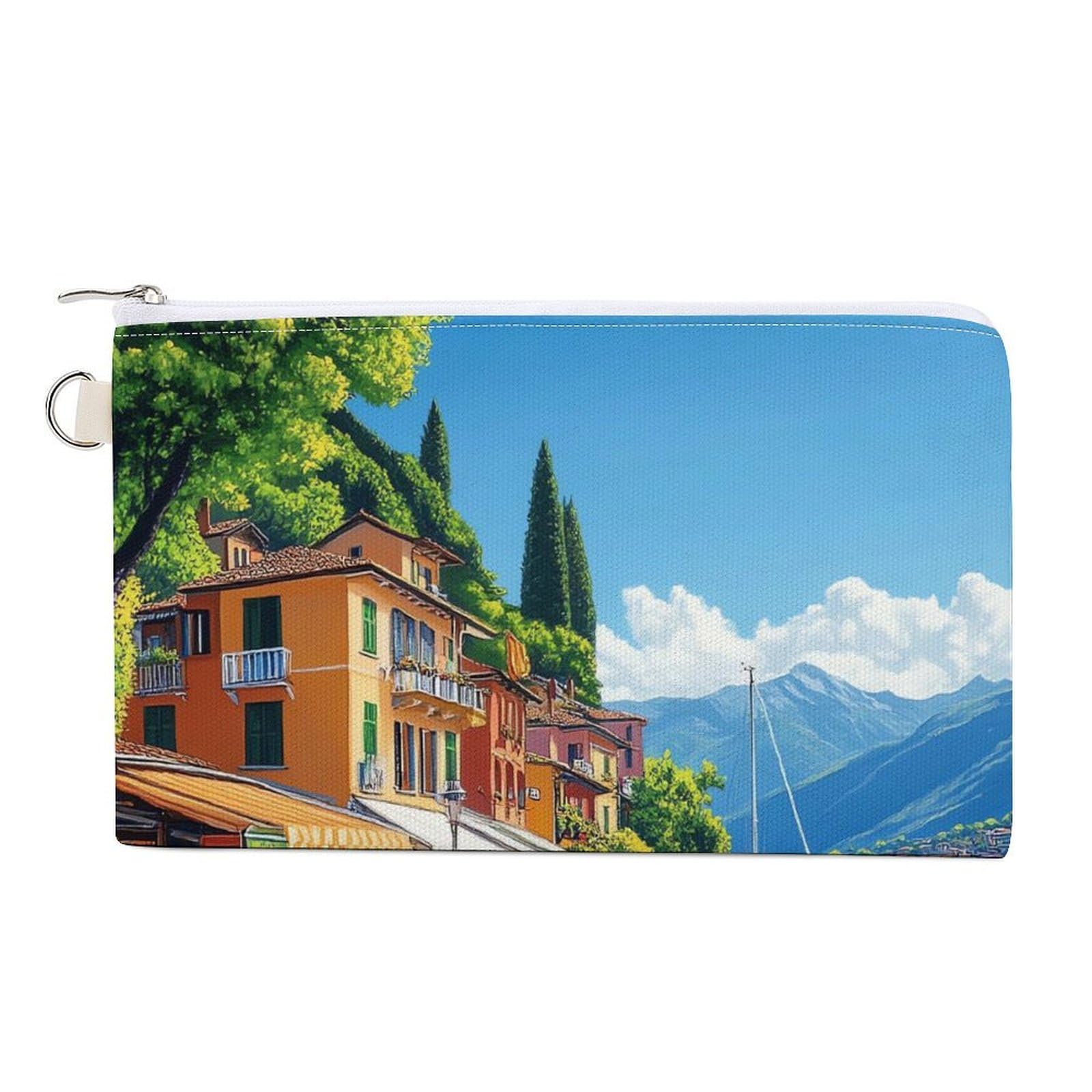 Italy Seaside Town Coin Purse Canvas Change Pouch Portable Pocket Wallet Mini Storage Bag with Zippered Keychain