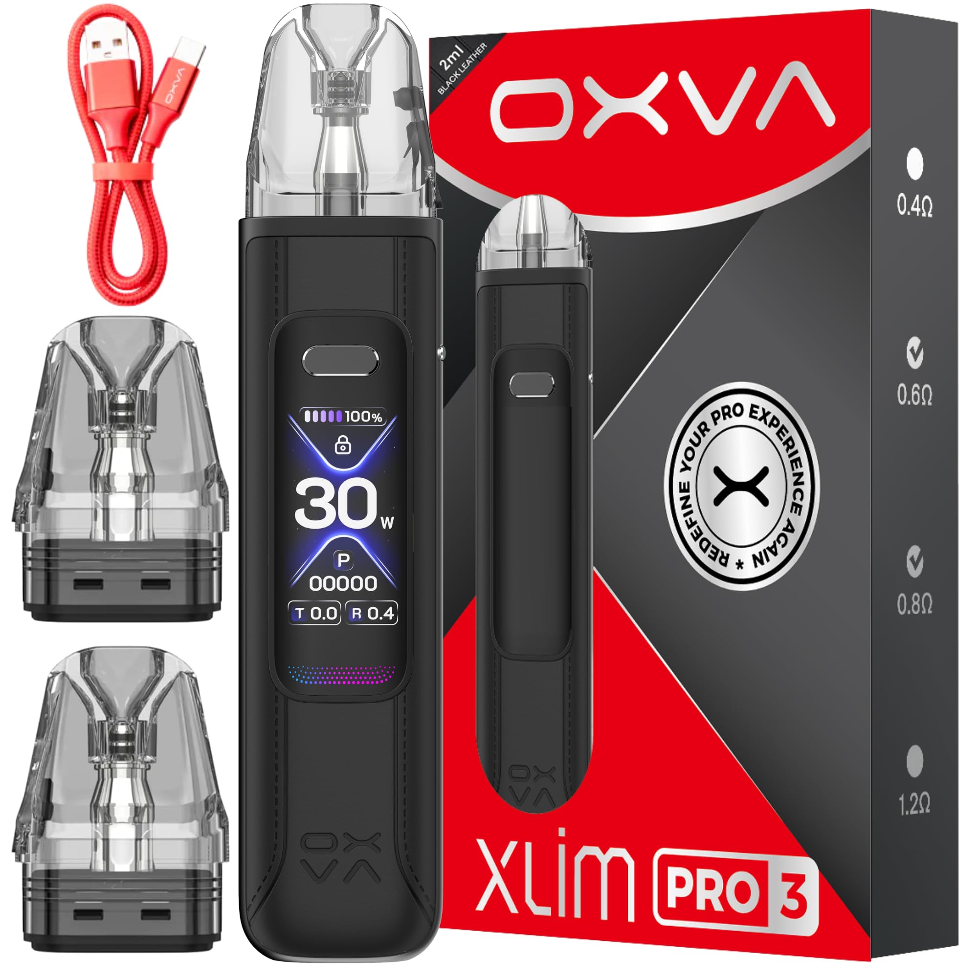 Oxva Xlim Pro 3 Pod Kit (Black Leather) - Compatible with Oxva Xlim Pods - Xlim V3 Pod, Xlim EZ Pods, 2A Fast Charge, 1500mAh Battery, 1.05” Ultra-HD Color Screen - 2ml Vape Pods No Nicotine