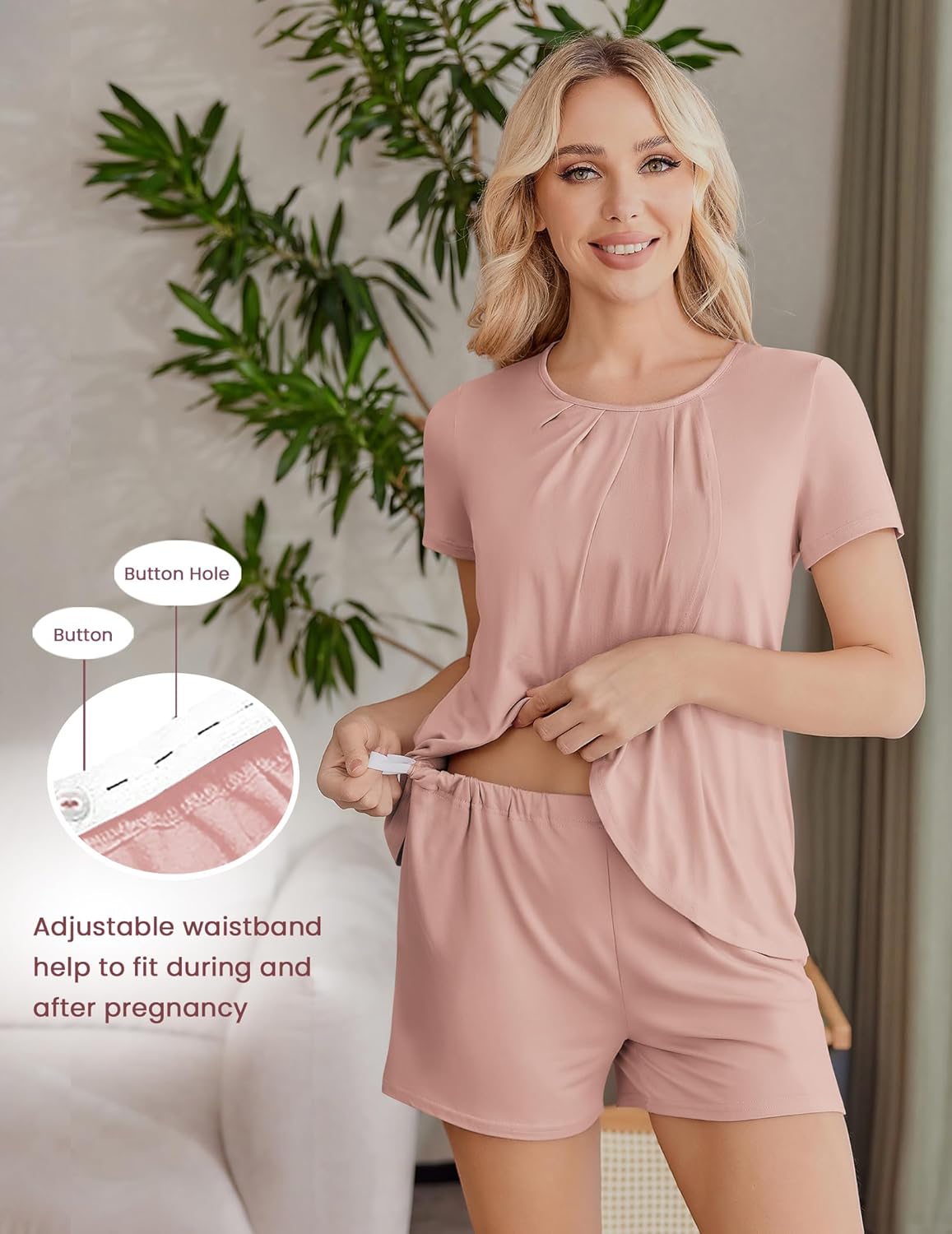 Ekouaer Women's Maternity Nursing Pajamas Set Breastfeeding Sleepwear Double Layer Short Sleeve Top & Shorts Nursing Pjs - Image 5