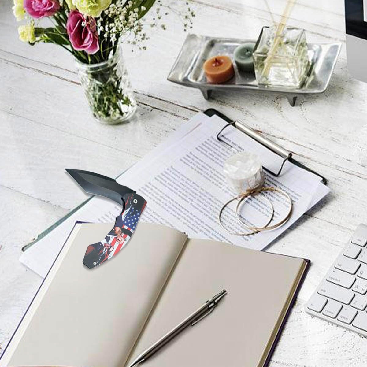 Trump Knife,Donald Trump Folding Knife Fight Shot Shooting Fist Pump You Missed American Flag Pocket Knife Gift