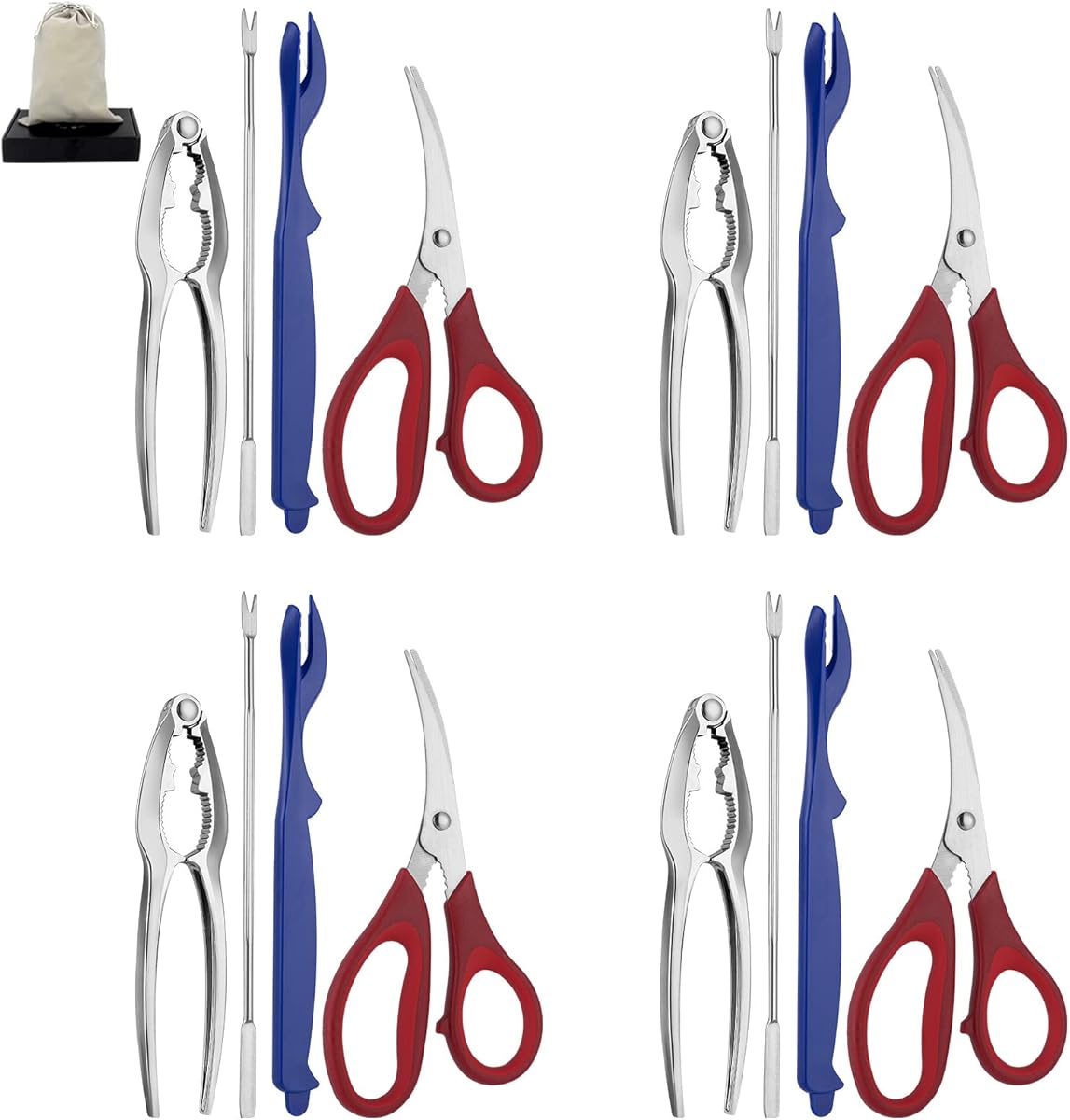 Seafood Tools Set includes 4 Crab Crackers 4 Seafood Fork 4 Lobster Crackers 4 Seafood Scissors -Nut Cracker and Storage Bag（17 Piece ）