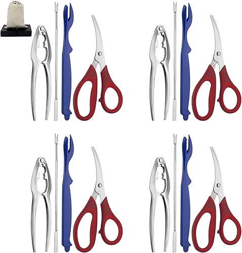 El juego de herramientas de mariscos incluye 4 galletas de cangrejo, 4 tenedores de mariscos, 4 galletas de langosta, 4 tijeras de mariscos,