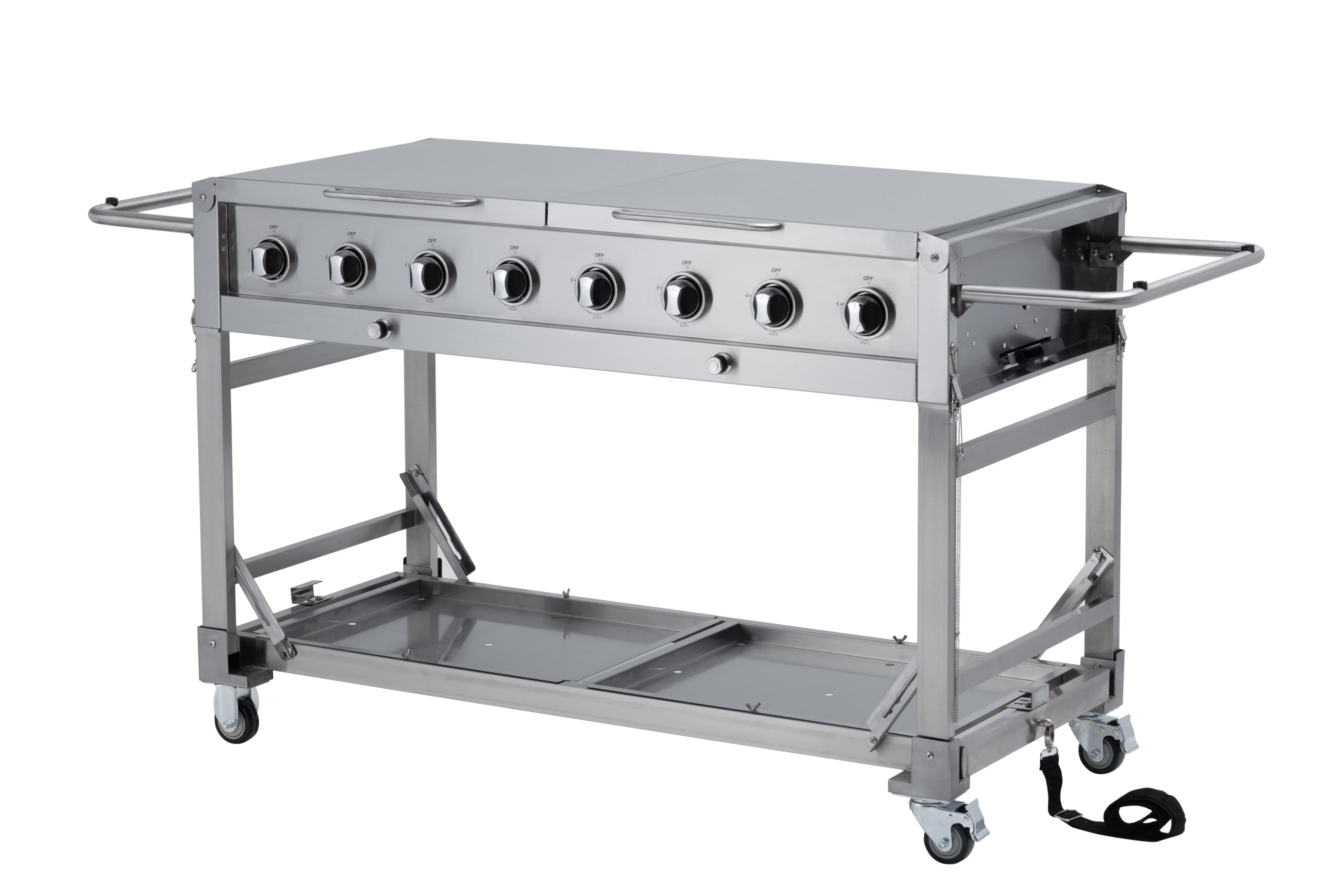 METRO Professional Barbecue à Gaz, Acier Inoxydable, 8 Brûleurs, 32 kW, Puissance 116 000 BTU, 4 Grilles de Cuisson, Roulant, Tables Pliables, Argent