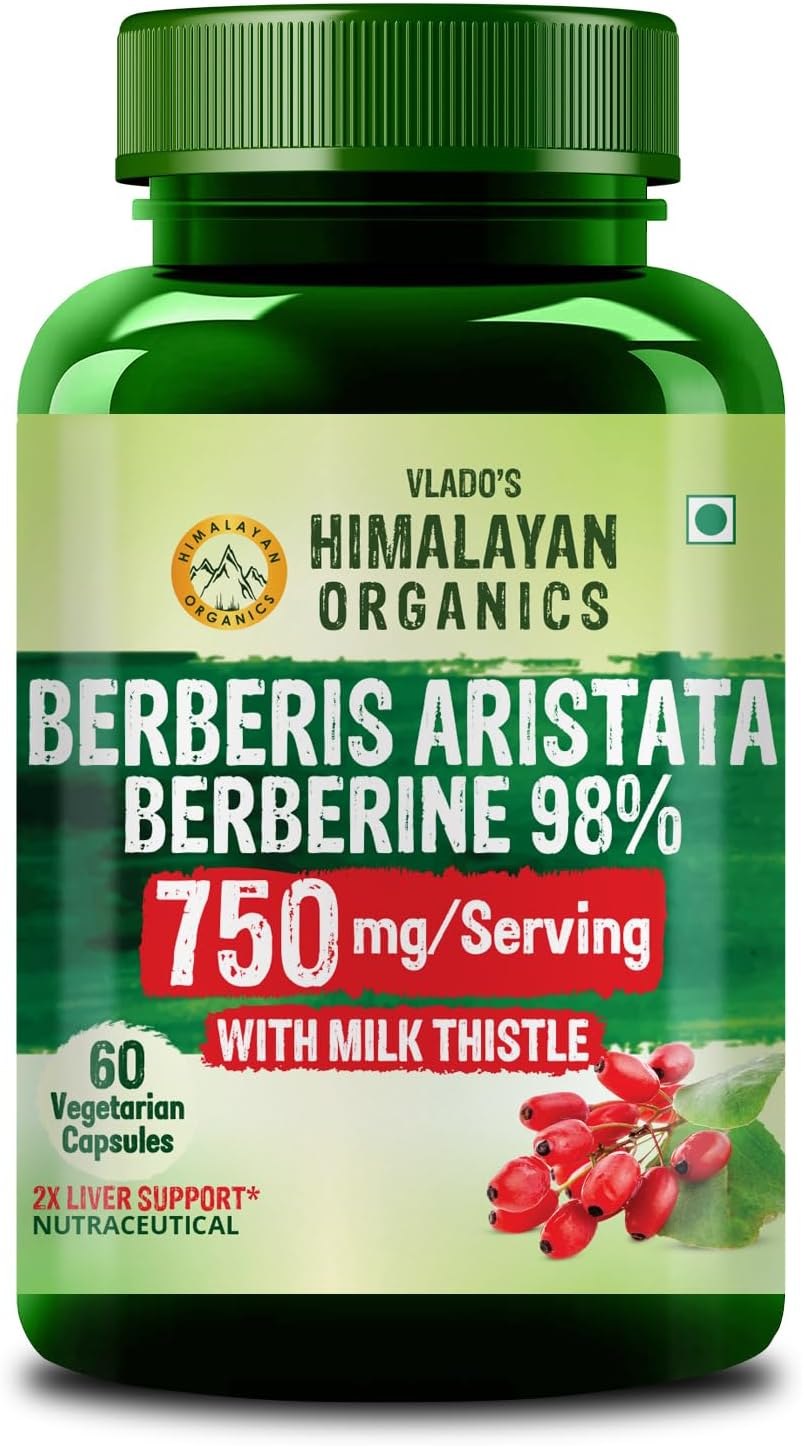 Vlado's Himalayan Organics Berberis Berberine 98% with Milk Thistle I Berberine HCL+ Capsules 750 mg | Berberine Supplements for 2X Liver Support I Control Blood Sugar I Berberis Aristata I Cholesterol Management I, Antioxidant, Anti-inflammatory & Weight Management | Herbal Formula for Detox & Metabolic Wellness - 60 Veg Capsules