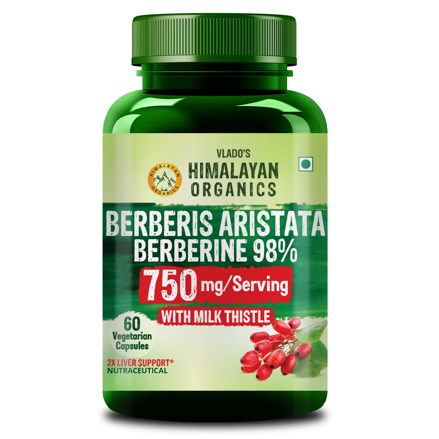 Vlado's Himalayan Organics Berberis Berberine 98% with Milk Thistle I Berberine HCL+ Capsules 750 mg | Berberine Supplements for 2X Liver Support I Control Blood Sugar I Berberis Aristata I Cholesterol Management I, Antioxidant, Anti-inflammatory & Weight Management | Herbal Formula for Detox & Metabolic Wellness - 60 Veg Capsules