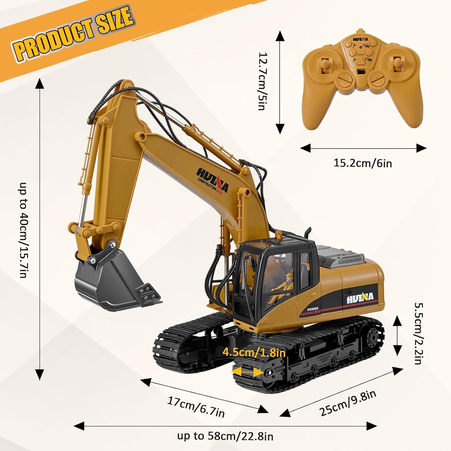 Lischwert Pelleteuse Télécommandée,Pelle RC en Alliage 3 in1,Télécommande Digger 1/14 22 canaux,Excavatrice Jouet Camion Chantier Télécommandée avec LED et Son