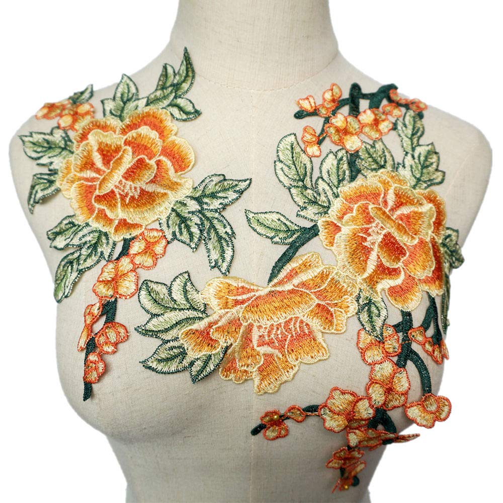 Ricamo peonia fiore foglie cucire toppa distintivo passamanerie applique colletto for abito da sposa vestiti fai da te decorazione artigianato(Water blue