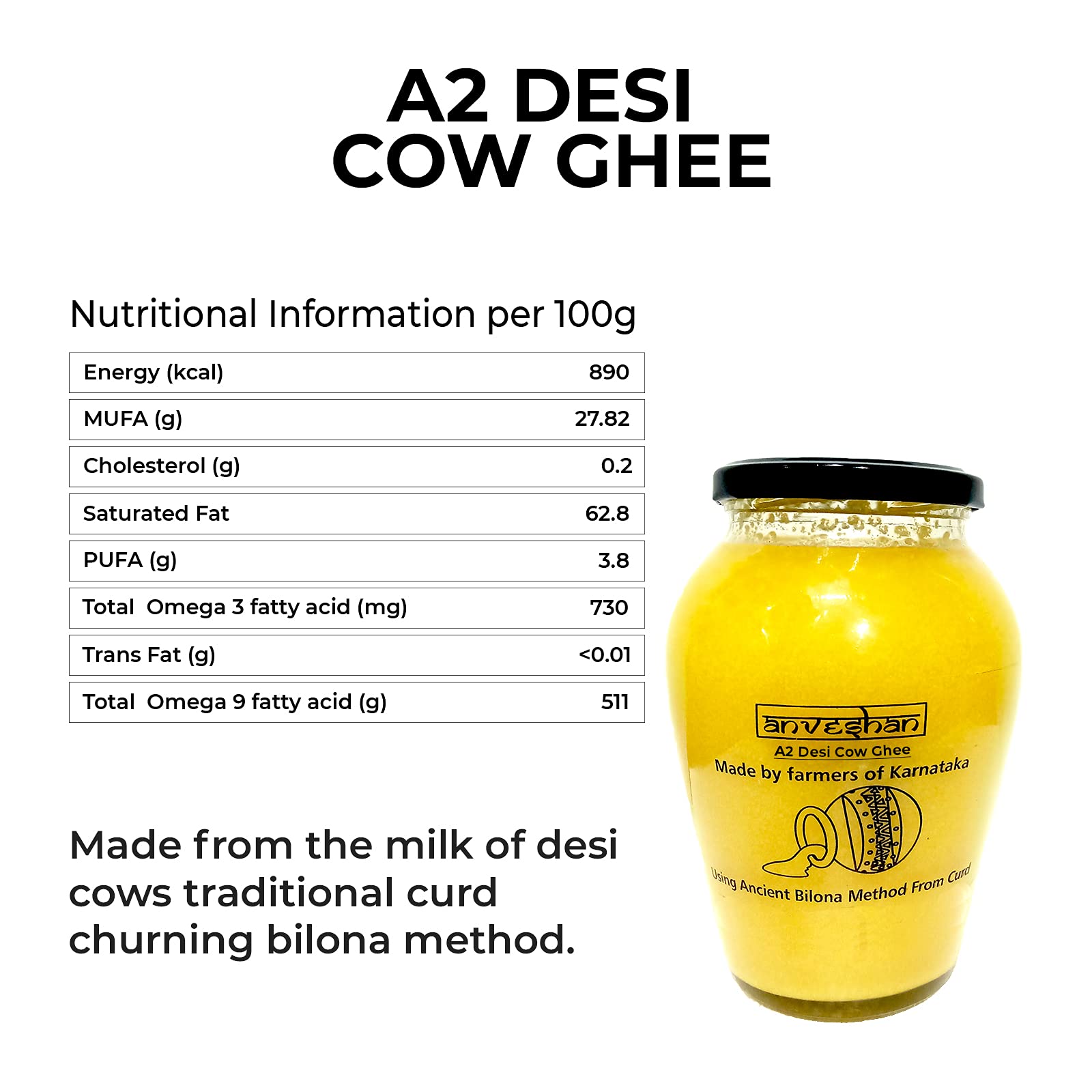 Anveshan A2 Cow Ghee 1000 ml/33.8 Oz Glass Jar Bilona Method Curd