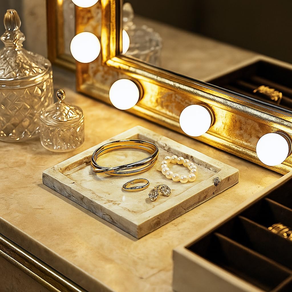 Natural Travertine Marble Square Jewelry Tray, 4.9" – Decorative Stone Accessory Dish for Rings, Earrings, Necklaces, Perfume and Keys, Gift for Women (Silver)
