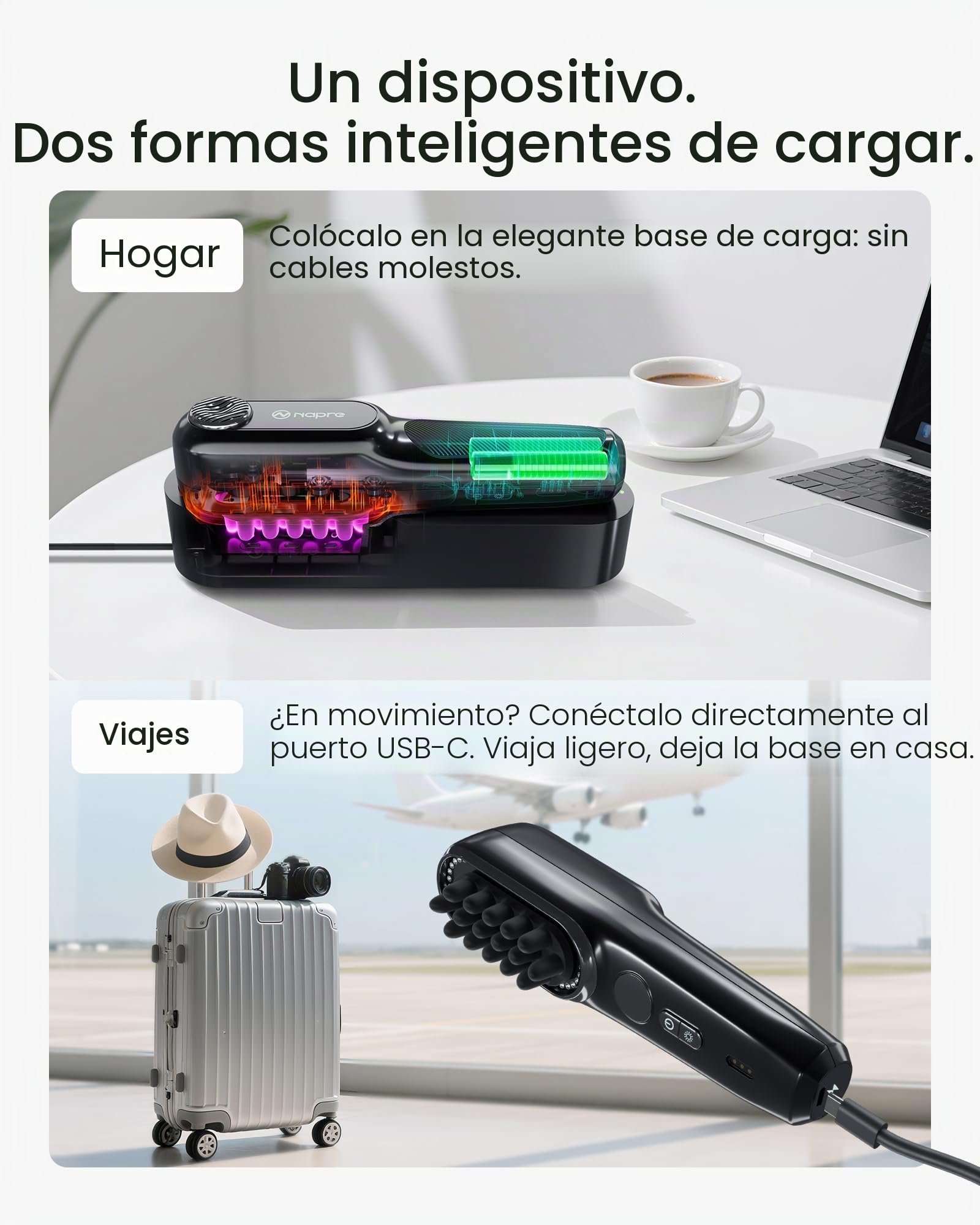 Masajeador de cuero cabelludo - 2400 RPM de vibración lateral y terapia de luz roja para alivio de cuero cabelludo/rostro/cuello, 50 perlas LED, 5 niveles de velocidad, portátil con base de carga