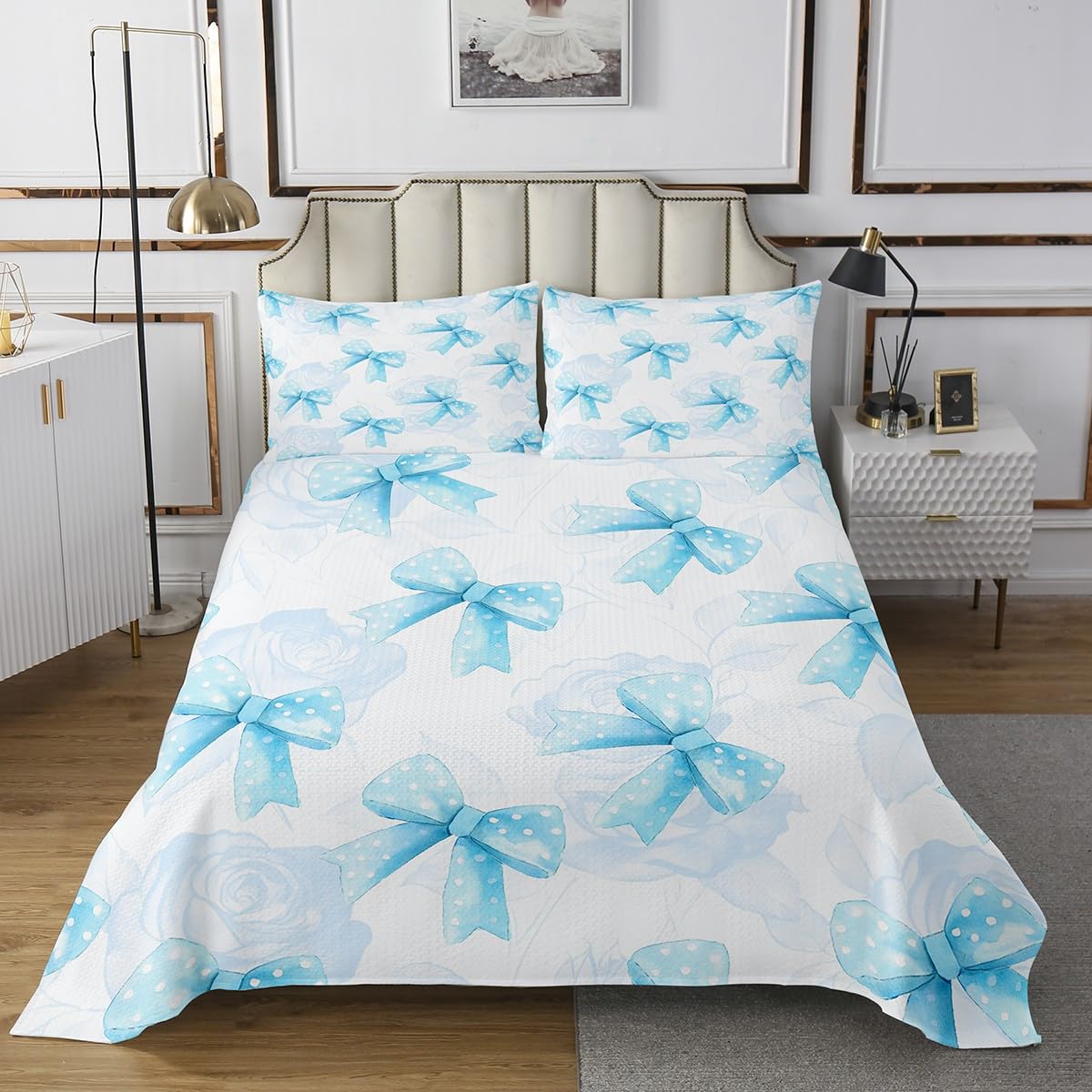 Feelyou Kids Bow Coverlet Set Twin Size, Blue Bowknot Quilted Coverlet Boys Girls Bow Tie Bedspread Teens Bedroom Decor 2Pcs