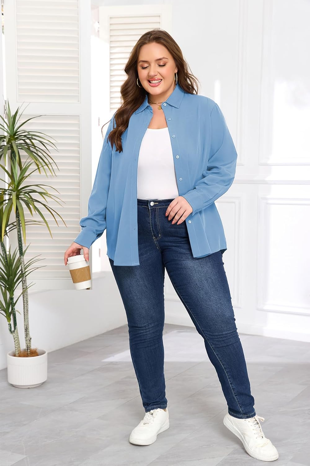 Plus Size Button Down Shirts for Women Long Sleeve Blouses Solid Work Casual Business Tops Loose Fit Fall Shirts Blue 3X-Large - Image 6