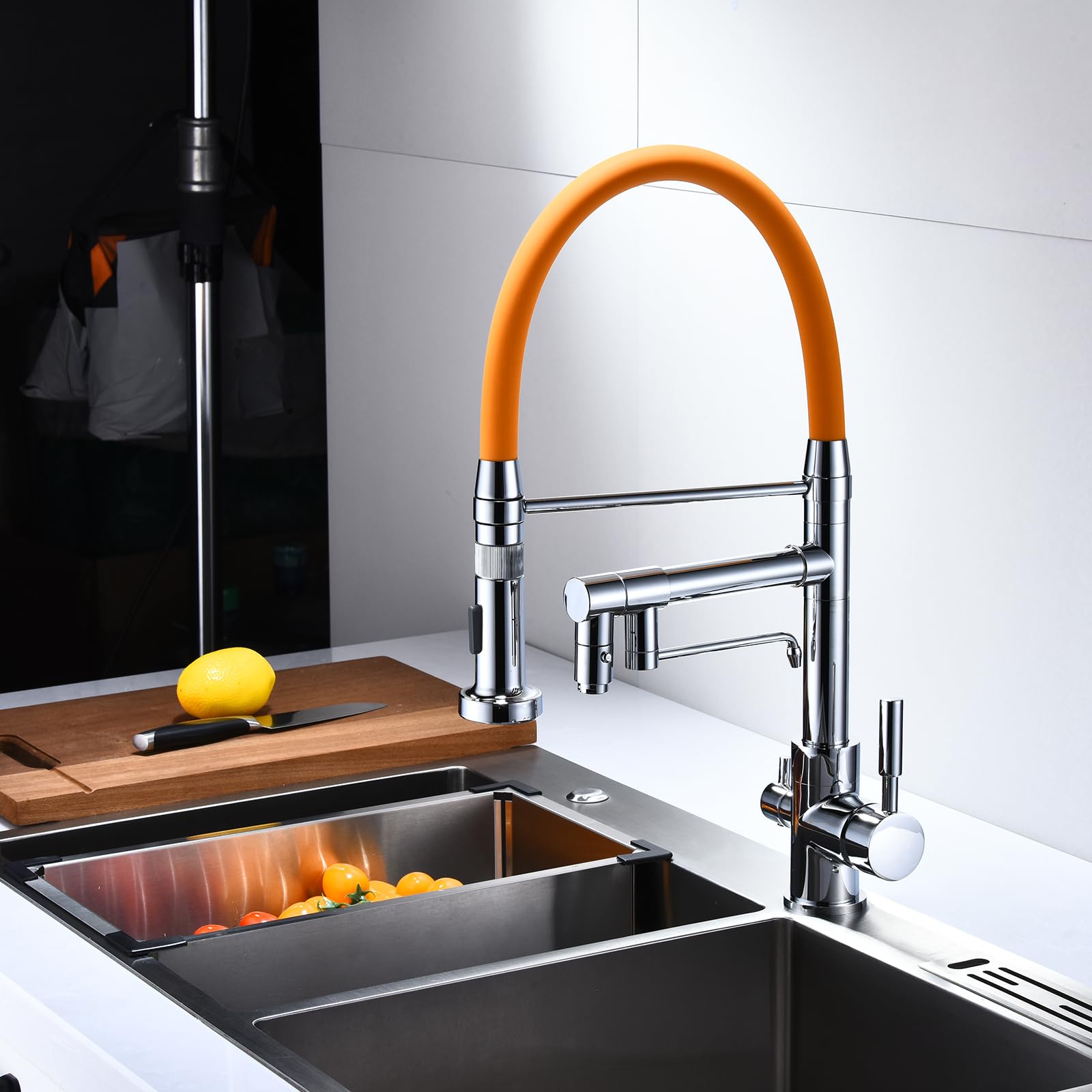 ZYCHSJXA 3 Way Kitchen Tap Pull Out Brass-Chrome Plated + Orange Tube
