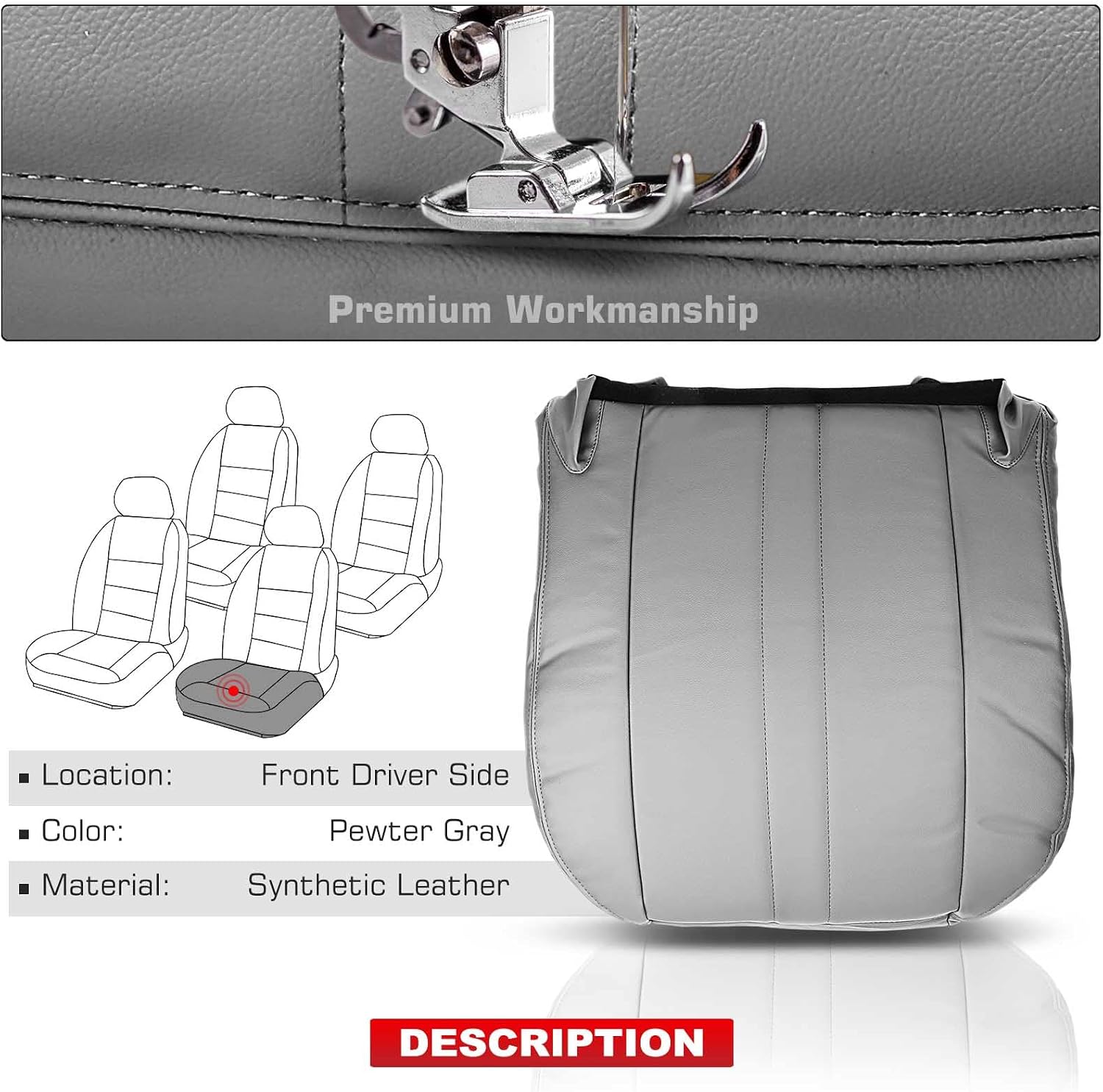 A-Premium Gray Seat Bottom Cover Compatible with Chevrolet Express 1500 2009-2014 2500 3500 GMC Savana 1500 2500 3500 Front Left Driver Side