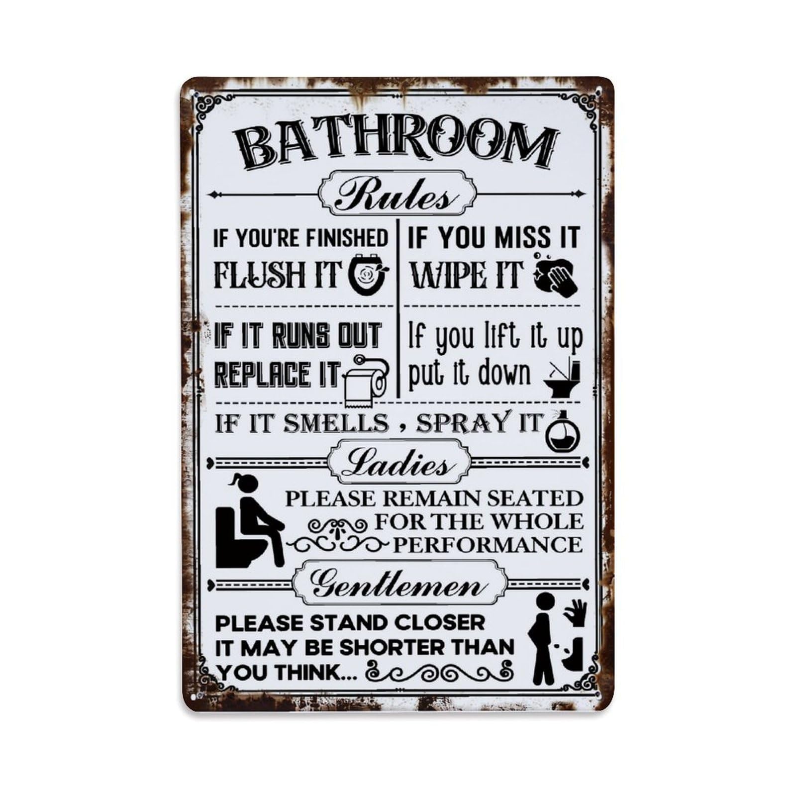 Bathroom Rules Humor Sign Art Tin Sign Metal Poster Vintage Metal Signs for Home Man Cave Bar Cafe Kitchen laundry room Wall Decorations Gift 8x12Inch