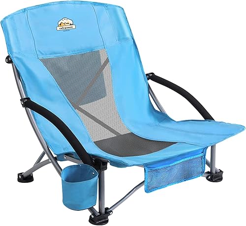 Colegence Silla baja de camping de playa, silla plegable resistente de 300 libras, silla de playa grande y acogedora de 23 pulgadas, con bolsa para