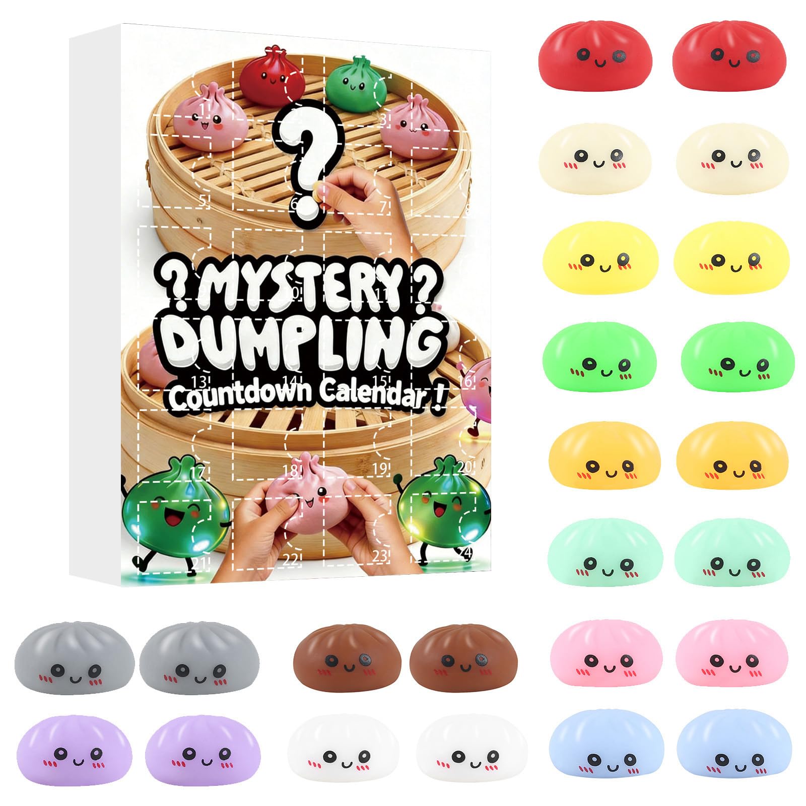 Calendario dell'Avvento Mystery Dumpling 2026, Conta alla Rovescia con 24 Squisy a Forma di Bao, Palle Morbide e Carine, Gioco Antistress Sensoriale per Adulti