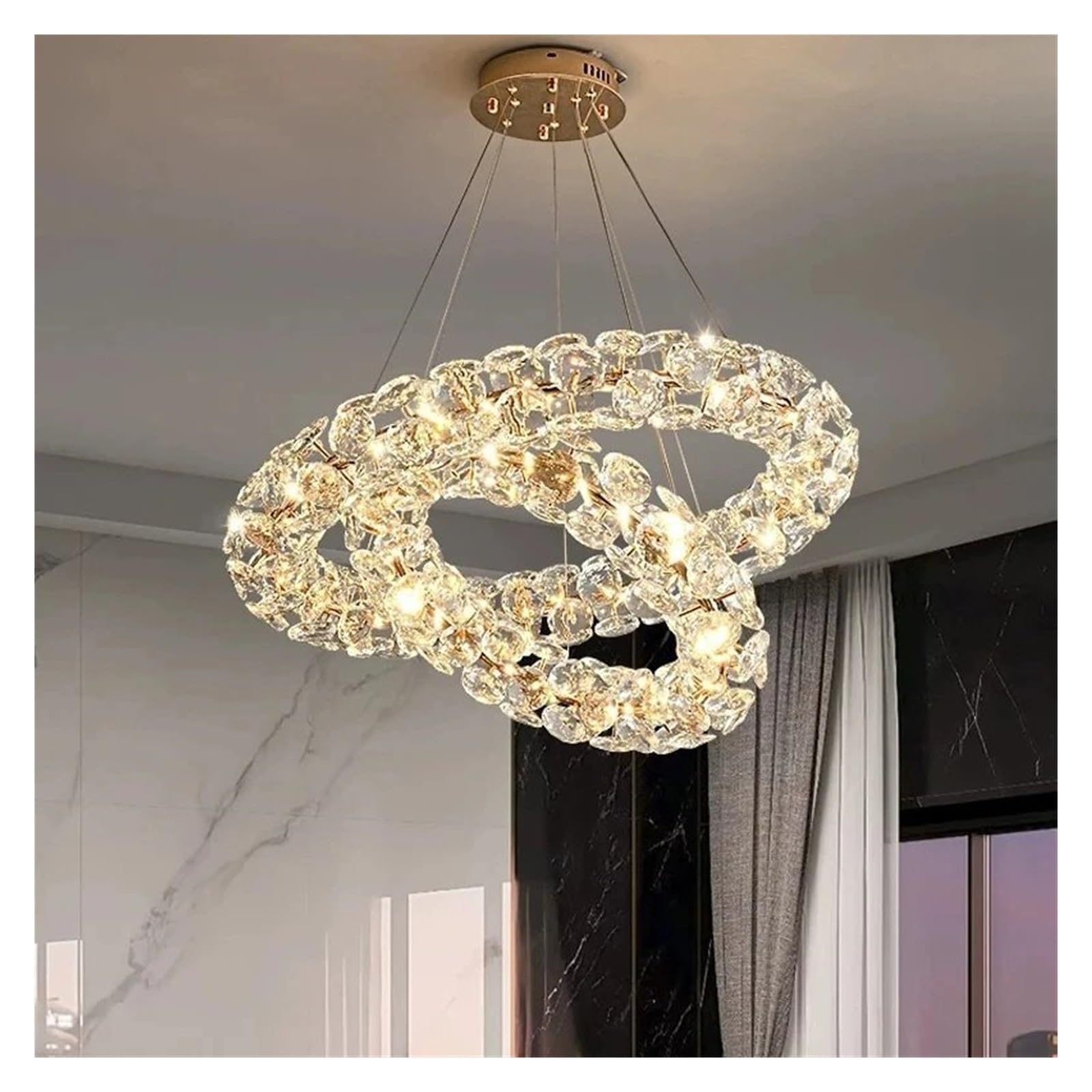 LYMSXAZOU Luxurious Round French Crystal Chandelier Modern Dimmable Ceiling Light Fixture for Restaurant Hall Elegant Indoor Lighting Decor (D60CM) - Stunning Home Ambiance