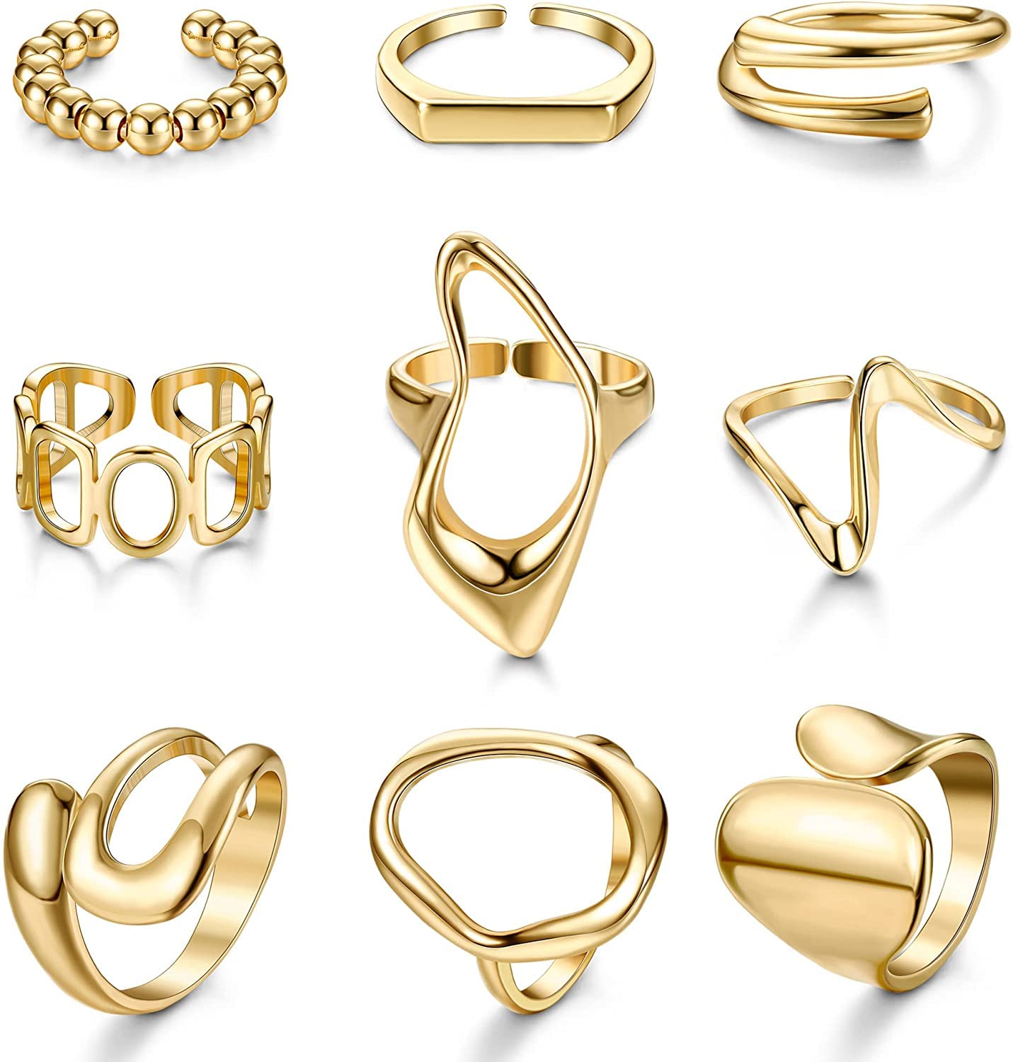 LOLIAS9 Piezas Anillos Mujer Gruesos Oro Juego Anillos Niña Chapados Oro de 18 Quilates Cúpula Anillos Abiertos Gruesos Ajustables Apilables Anillos